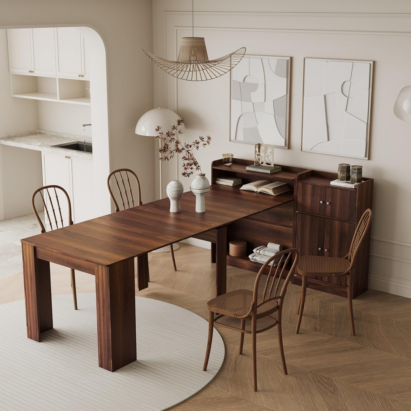 KEIKI 30”-88.4”L Extendable Foldable Dining Room Table with Storage for 1-10 People, Wood Modern Rustic Rectangle Expandable Kitchen Living Meeting Room Furniture, 5 Tabletop Length Options, Walnut