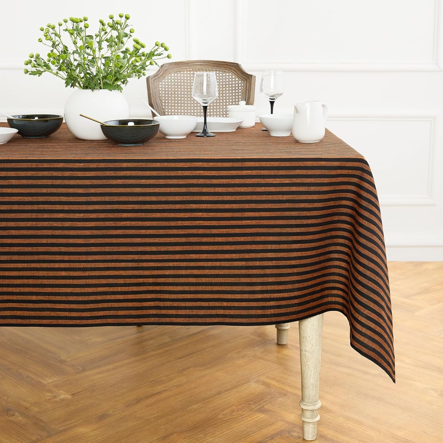 Solino Home Linen Round Tablecloth 70 Inch - Amalfi Stripe, 100% Pure Linen Violet and White Round Tablecloth - Machine Washable Table Cloth for Summer