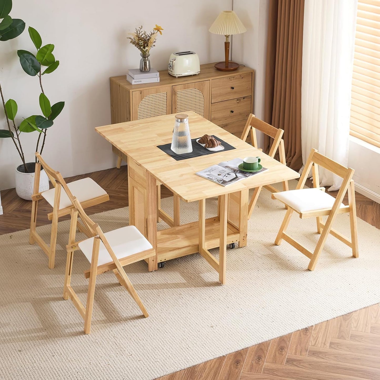 VINGLI 5-Piece Folding Dining Table Set, Extendable Drop Leaf Solid Wood Table with 4 Chairs, Drawers & Wheels, Space-Saving Design for Kitchen, Natural
