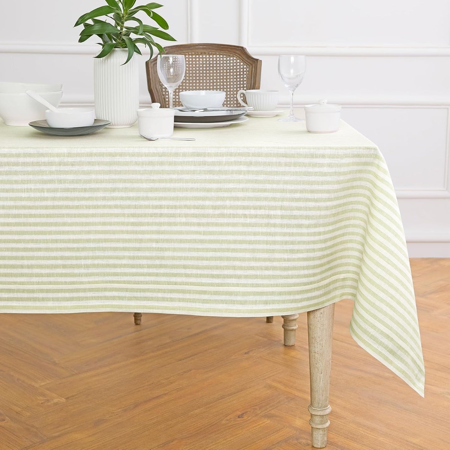 Solino Home Linen Round Tablecloth 70 Inch - Amalfi Stripe, 100% Pure Linen Violet and White Round Tablecloth - Machine Washable Table Cloth for Summer