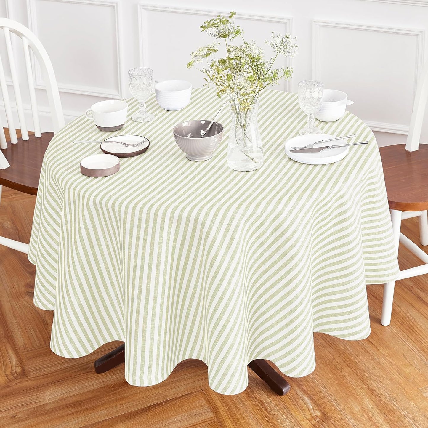 Solino Home Linen Round Tablecloth 70 Inch - Amalfi Stripe, 100% Pure Linen Violet and White Round Tablecloth - Machine Washable Table Cloth for Summer
