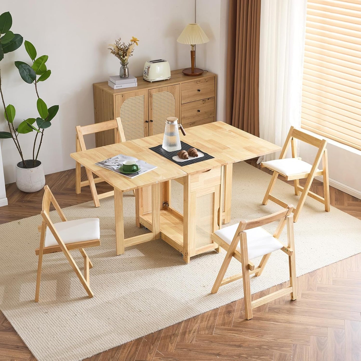 VINGLI 5-Piece Folding Dining Table Set, Extendable Drop Leaf Solid Wood Table with 4 Chairs, Drawers & Wheels, Space-Saving Design for Kitchen, Natural