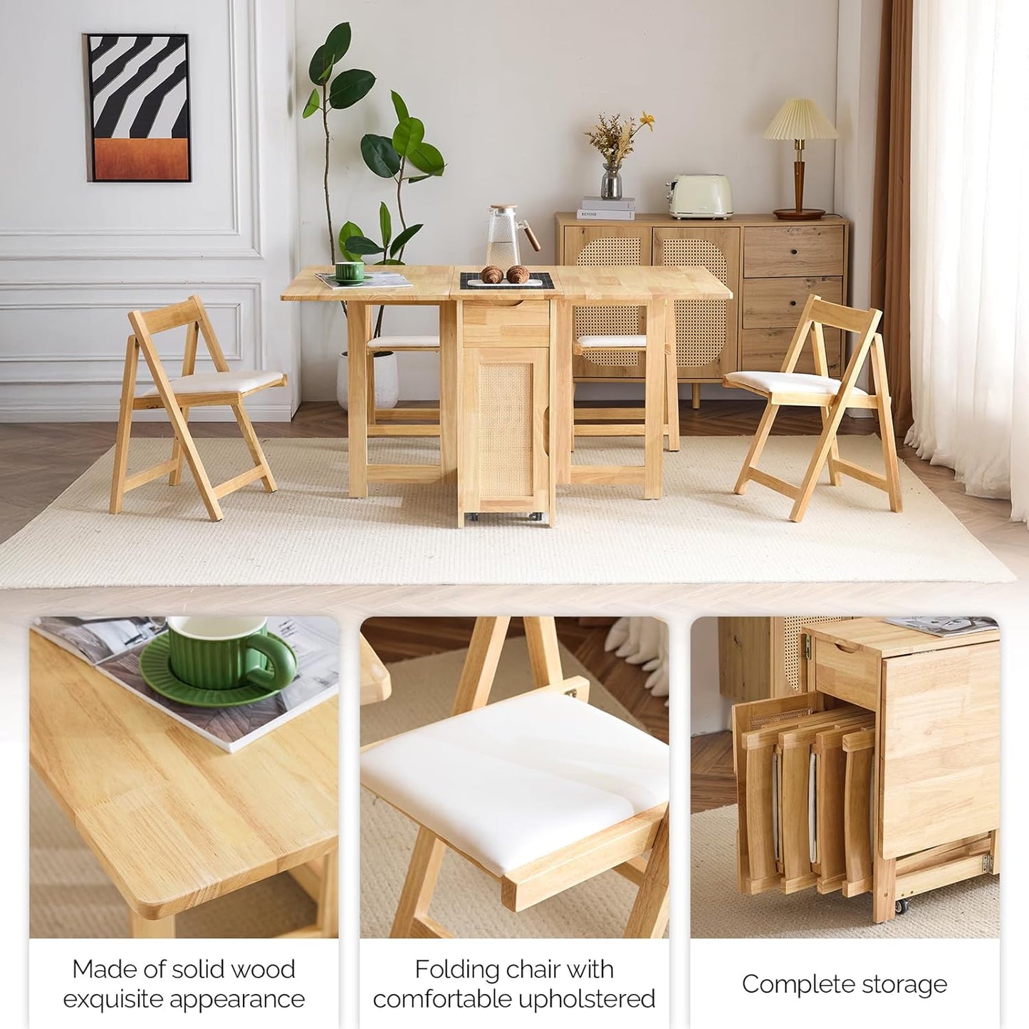 VINGLI 5-Piece Folding Dining Table Set, Extendable Drop Leaf Solid Wood Table with 4 Chairs, Drawers & Wheels, Space-Saving Design for Kitchen, Natural