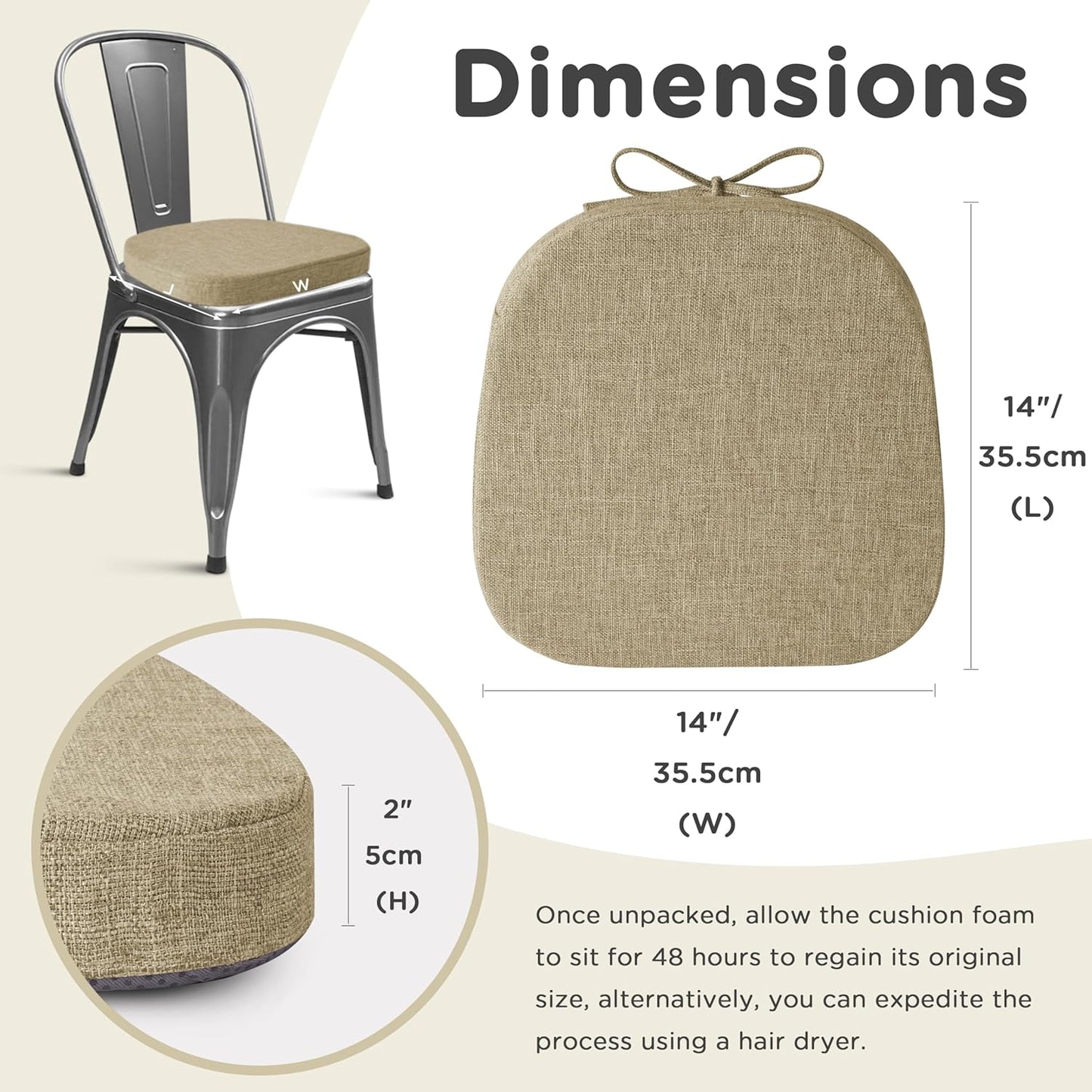 AddGrace Set of 6 Chair Cushions for Metal Dining Chairs 14x14 Chair Pads with Ties Non Slip Thick Seat Cushions with Textured and Removable Cover Beige