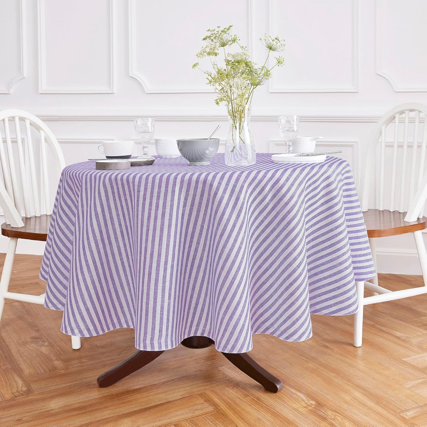 Solino Home Linen Round Tablecloth 70 Inch - Amalfi Stripe, 100% Pure Linen Violet and White Round Tablecloth - Machine Washable Table Cloth for Summer