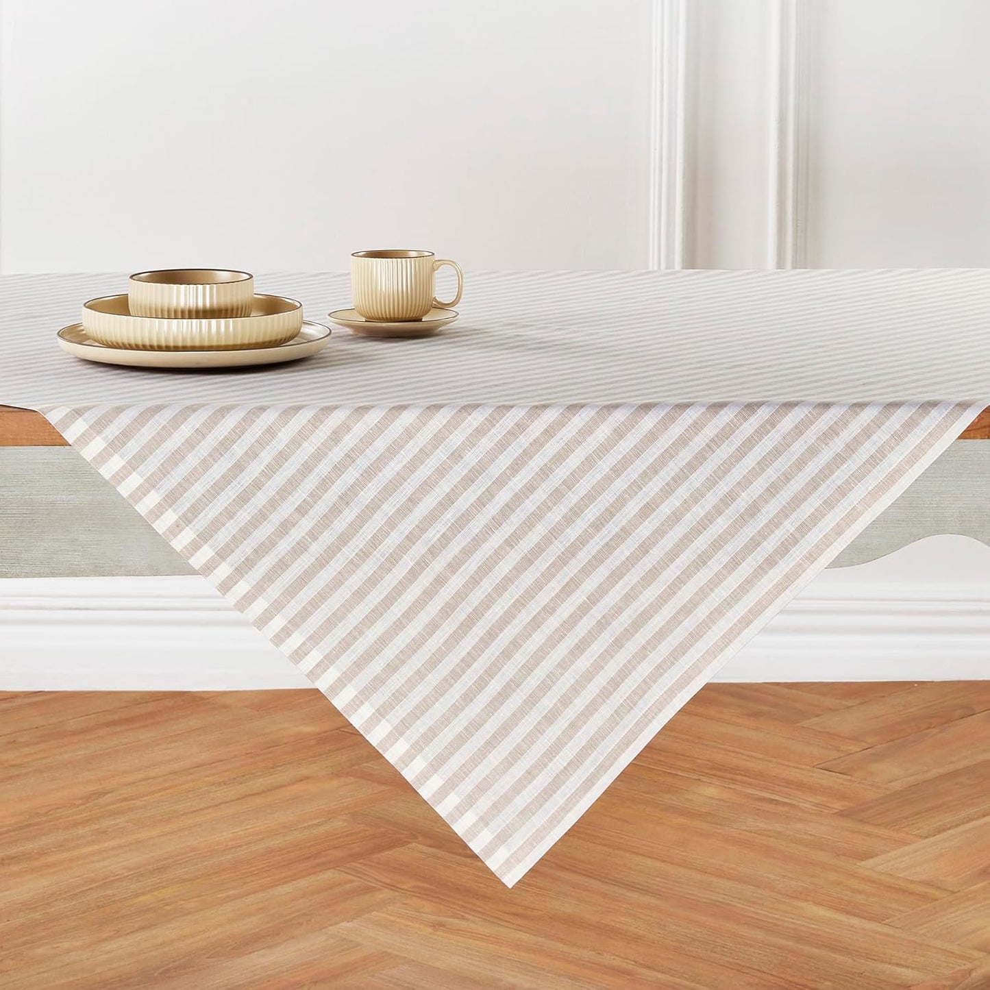 Solino Home Linen Round Tablecloth 70 Inch - Amalfi Stripe, 100% Pure Linen Violet and White Round Tablecloth - Machine Washable Table Cloth for Summer