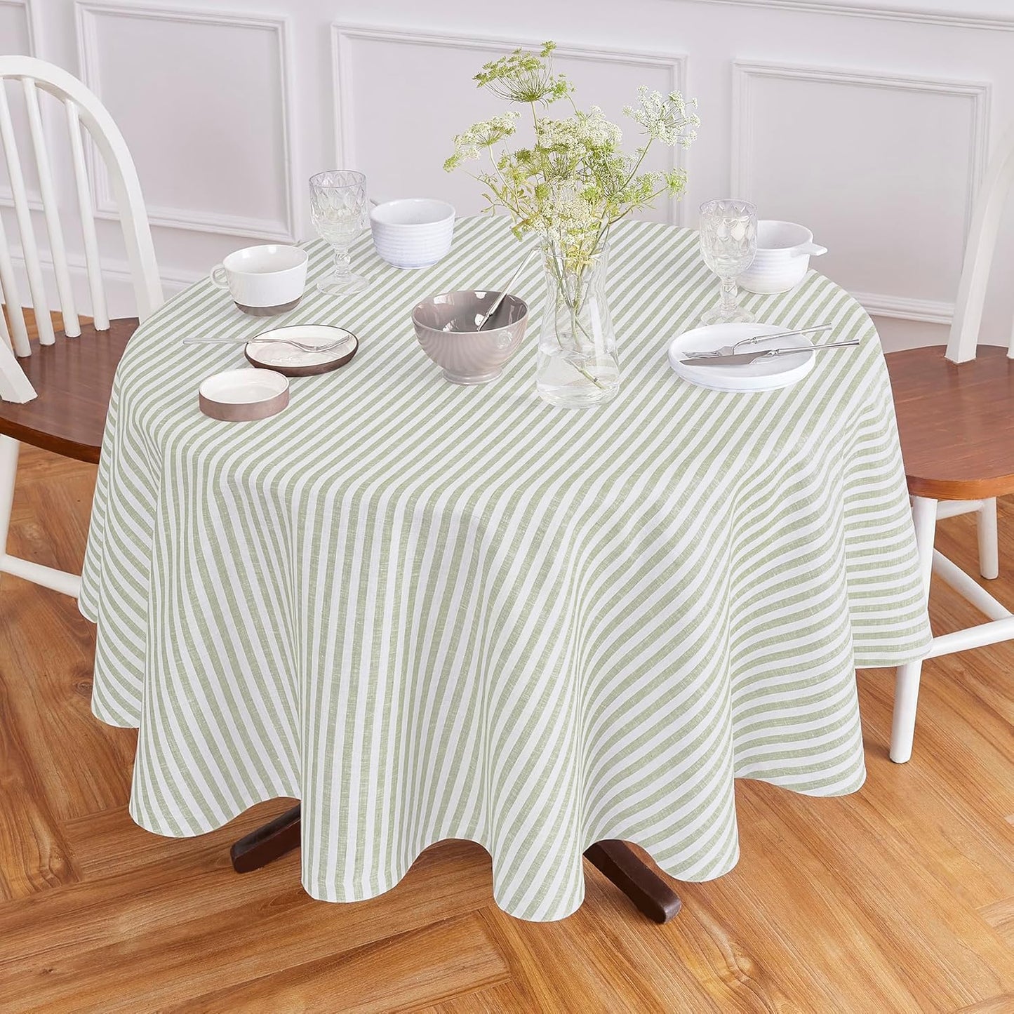 Solino Home Linen Round Tablecloth 70 Inch - Amalfi Stripe, 100% Pure Linen Violet and White Round Tablecloth - Machine Washable Table Cloth for Summer