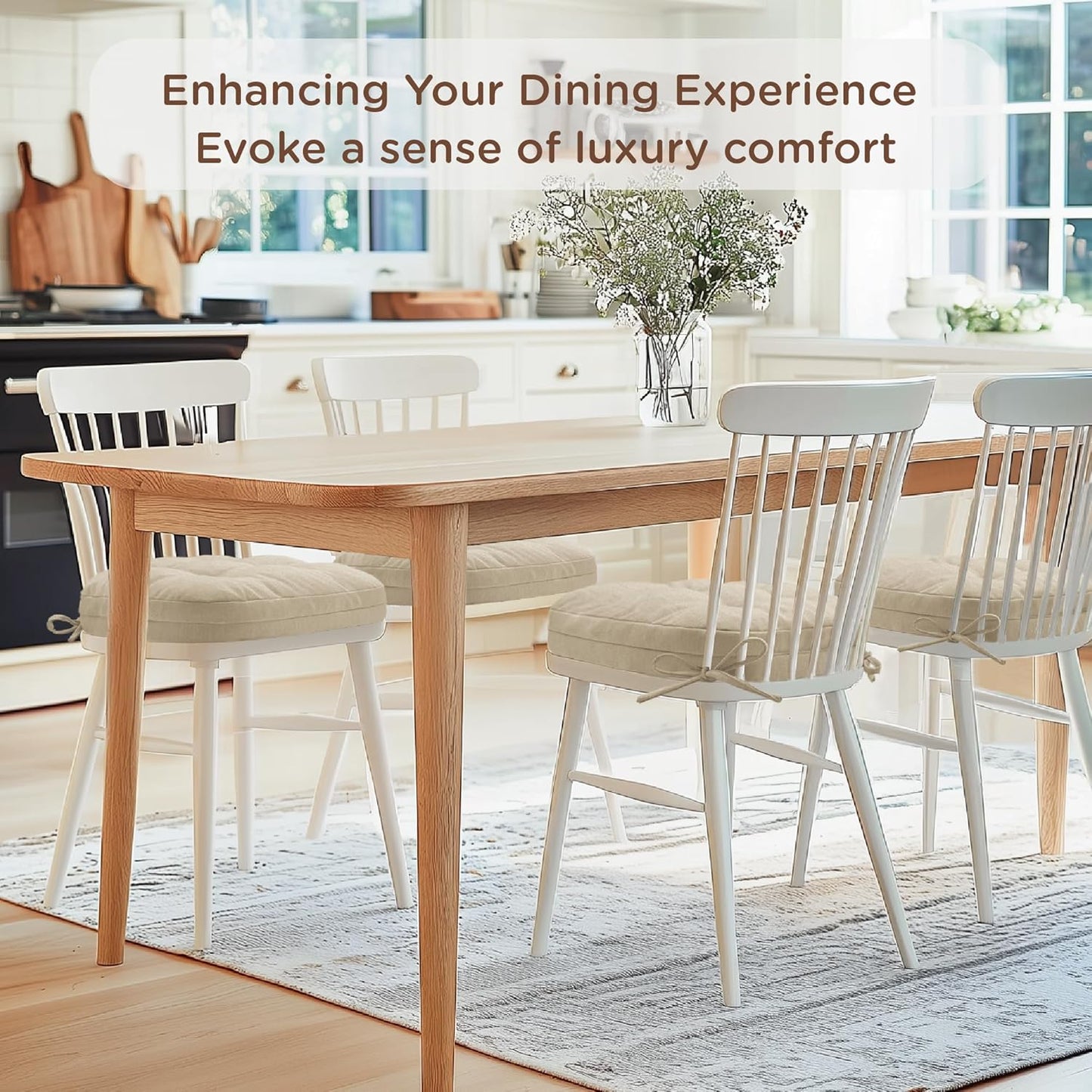 Codi Dining Chair Cushions 4 Pack, Thick Chairs Pads for Indoor Kitchen Room - Washable, Non-Slip Seat Cushion with Ties, 16.5"x16.5"x 3.5", Set of 4, Beige