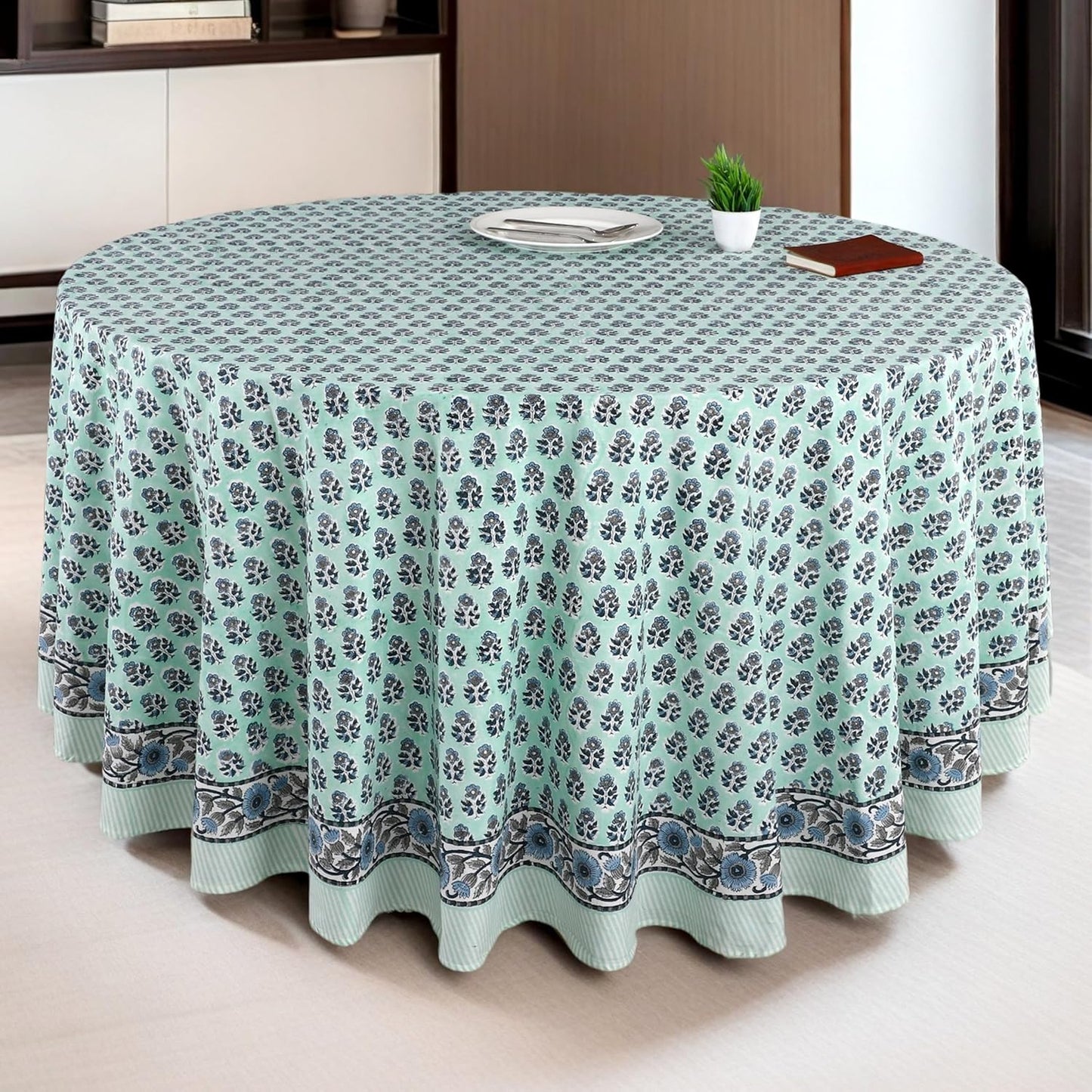 CPC Round Tablecloth- Cotton Indian Block Print Tablecloth -Handmade Printed Washable Cotton Table Cloth - Spring/Summer, Weding Table Cover - Blue Sapphire 110 Inch