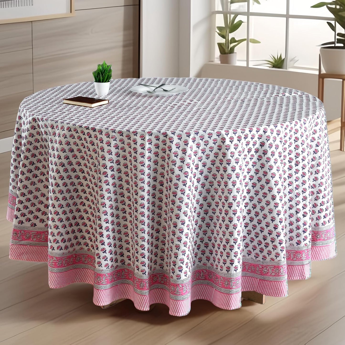 CPC Round Tablecloth- Cotton Indian Block Print Tablecloth -Handmade Printed Washable Cotton Table Cloth - Spring/Summer, Weding Table Cover - Blue Sapphire 110 Inch