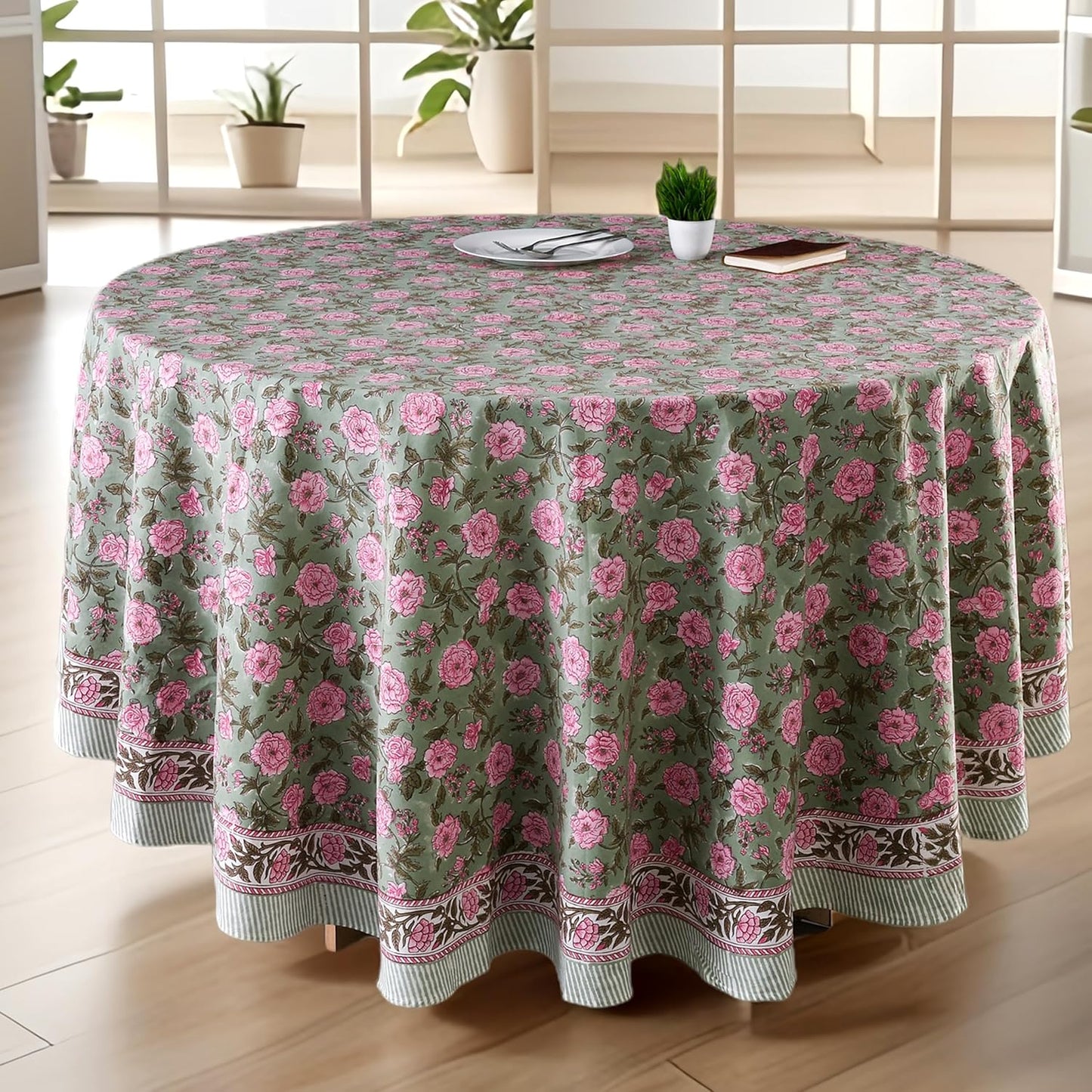 CPC Round Tablecloth- Cotton Indian Block Print Tablecloth -Handmade Printed Washable Cotton Table Cloth - Spring/Summer, Weding Table Cover - Blue Sapphire 110 Inch