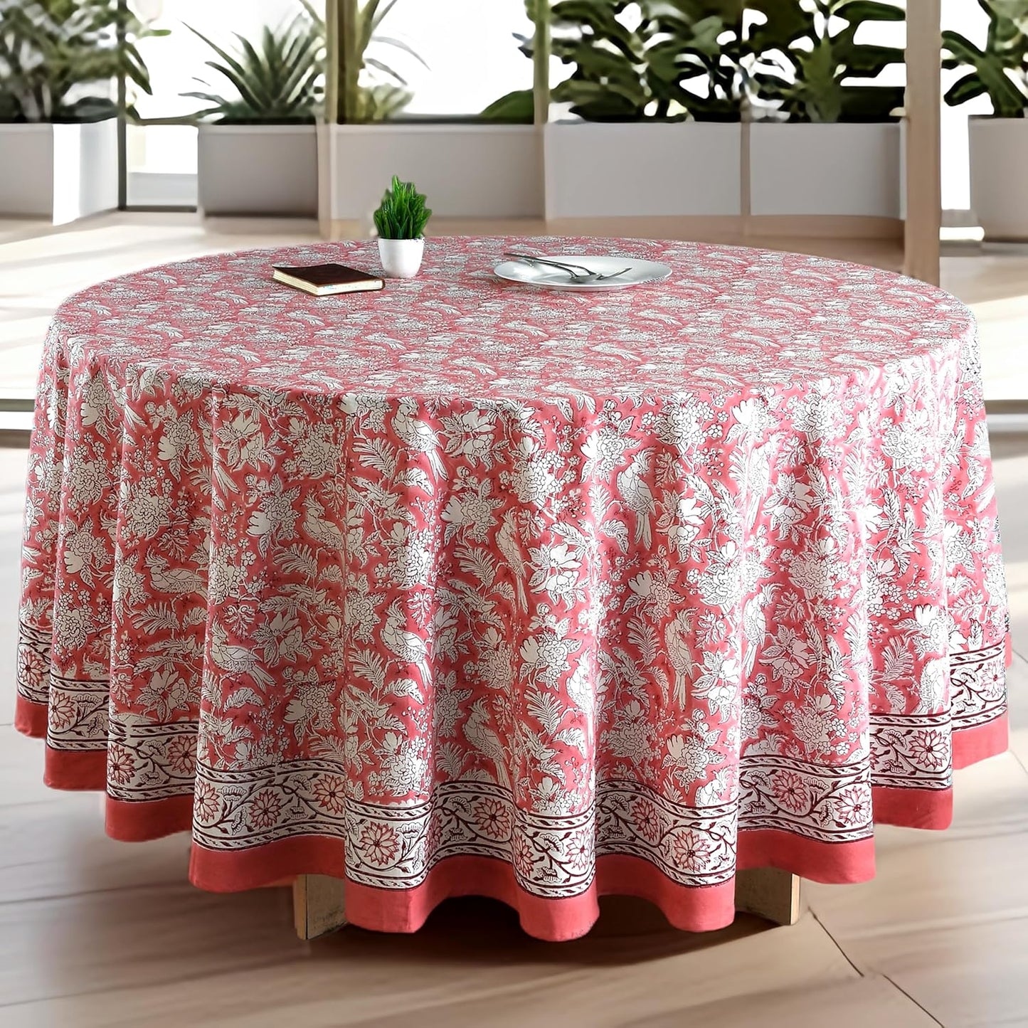 CPC Round Tablecloth- Cotton Indian Block Print Tablecloth -Handmade Printed Washable Cotton Table Cloth - Spring/Summer, Weding Table Cover - Blue Sapphire 110 Inch