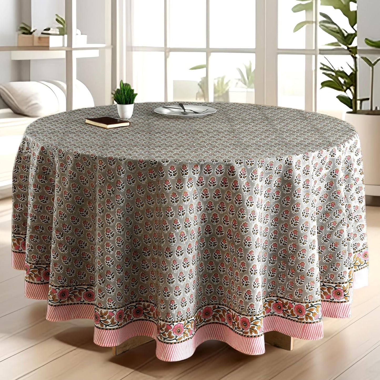 CPC Round Tablecloth- Cotton Indian Block Print Tablecloth -Handmade Printed Washable Cotton Table Cloth - Spring/Summer, Weding Table Cover - Blue Sapphire 110 Inch