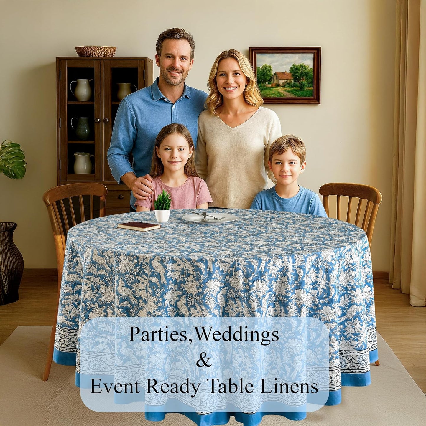 CPC Round Tablecloth- Cotton Indian Block Print Tablecloth -Handmade Printed Washable Cotton Table Cloth - Spring/Summer, Weding Table Cover - Blue Sapphire 110 Inch