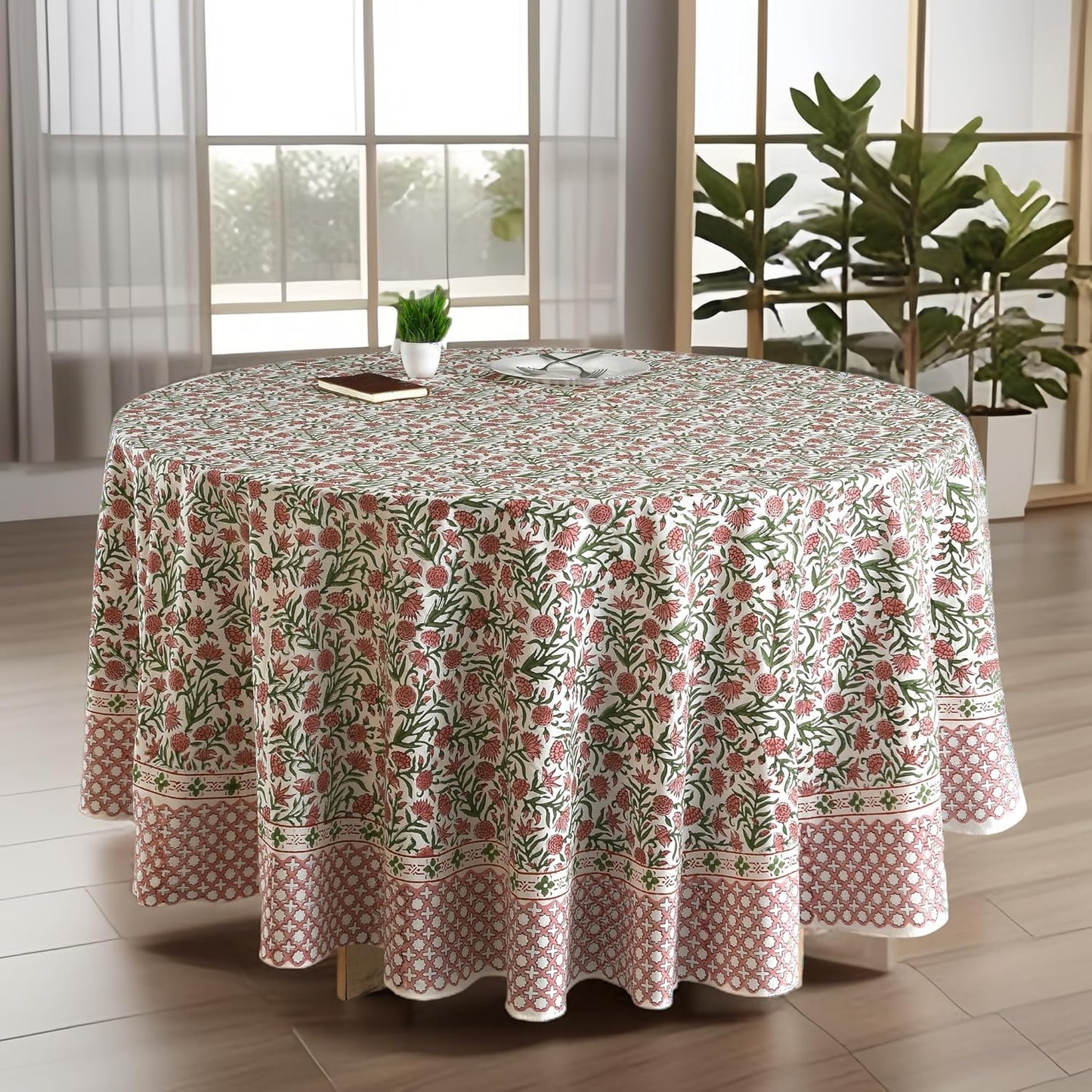 CPC Round Tablecloth- Cotton Indian Block Print Tablecloth -Handmade Printed Washable Cotton Table Cloth - Spring/Summer, Weding Table Cover - Blue Sapphire 110 Inch