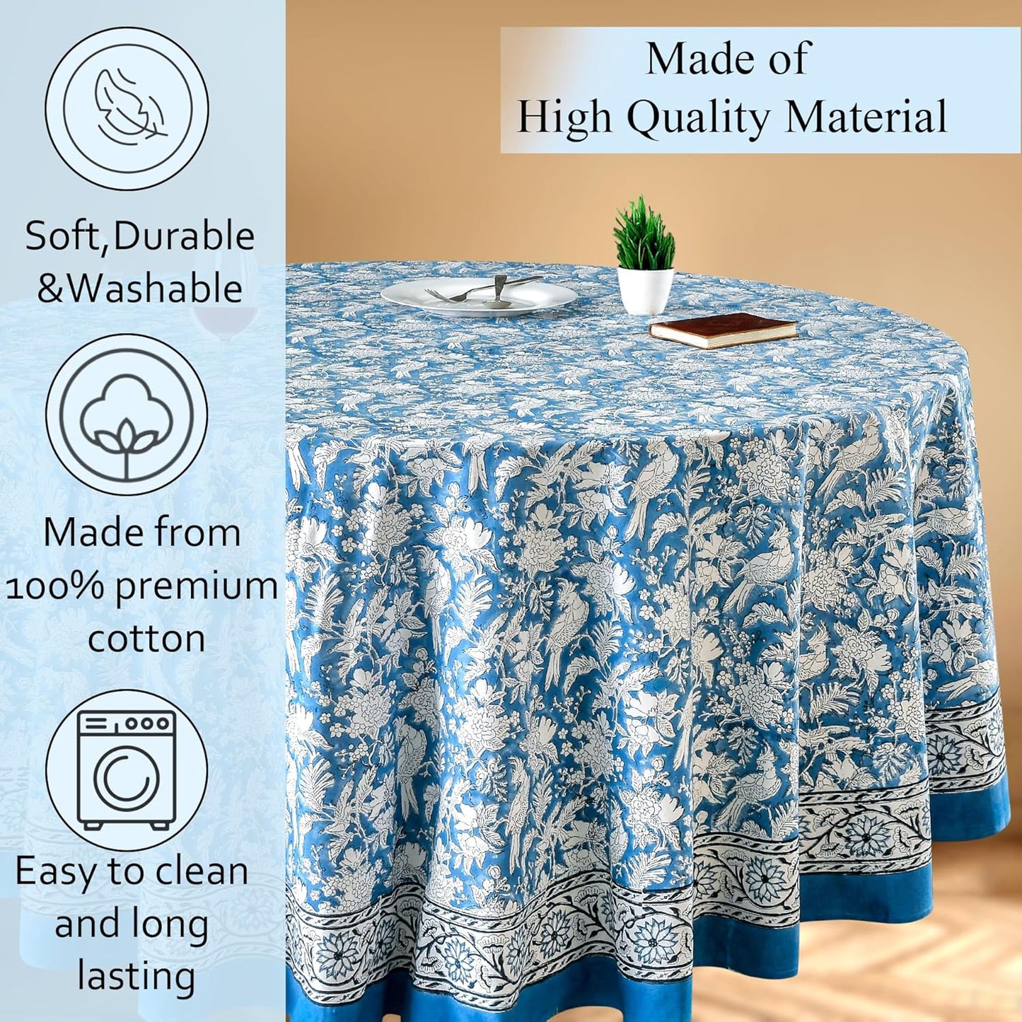 CPC Round Tablecloth- Cotton Indian Block Print Tablecloth -Handmade Printed Washable Cotton Table Cloth - Spring/Summer, Weding Table Cover - Blue Sapphire 110 Inch