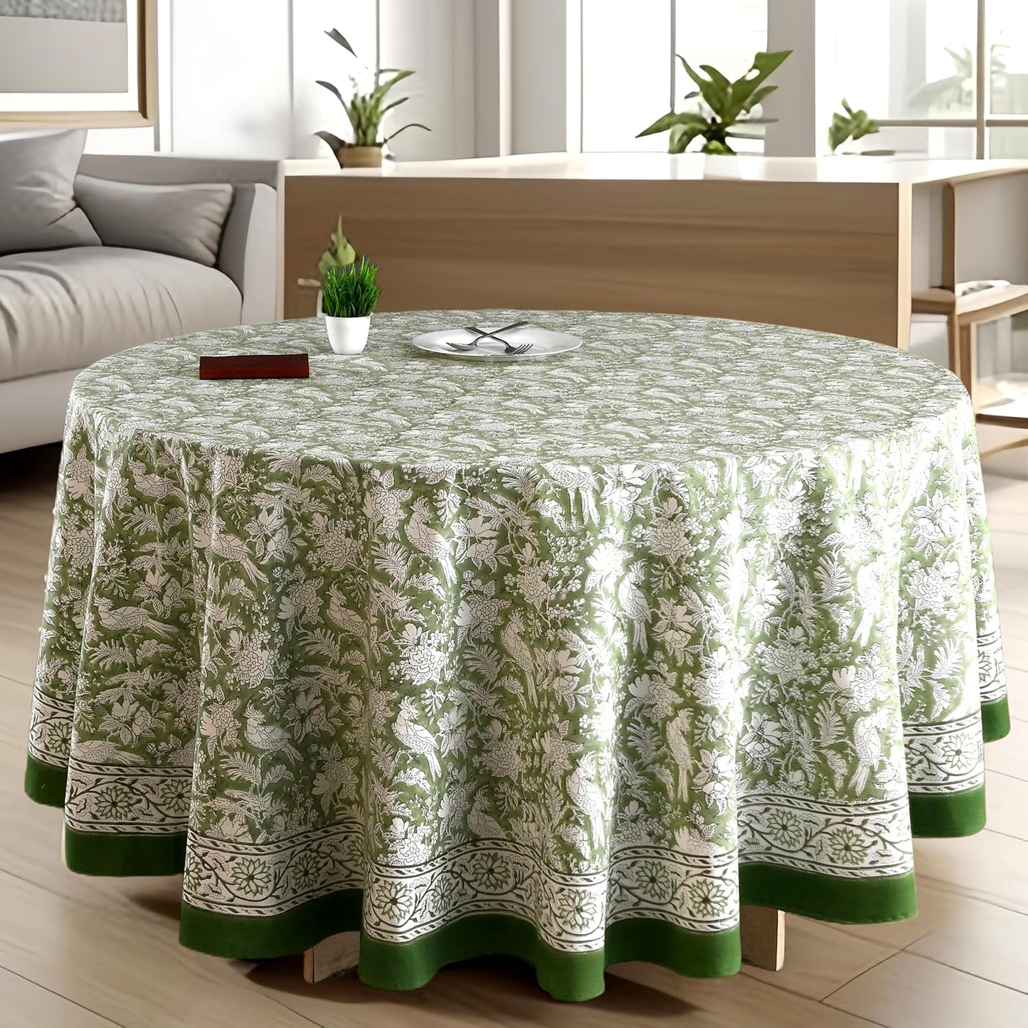 CPC Round Tablecloth- Cotton Indian Block Print Tablecloth -Handmade Printed Washable Cotton Table Cloth - Spring/Summer, Weding Table Cover - Blue Sapphire 110 Inch