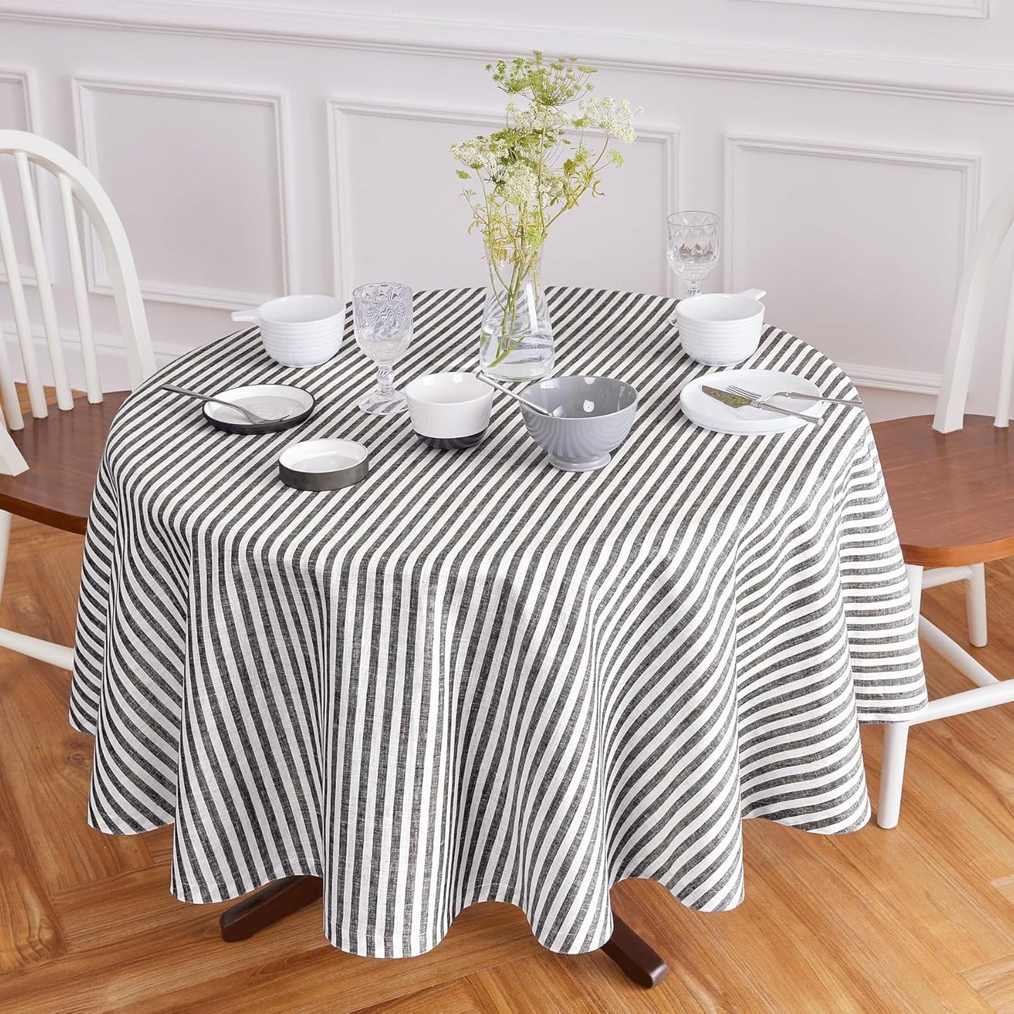 Solino Home Linen Round Tablecloth 70 Inch - Amalfi Stripe, 100% Pure Linen Violet and White Round Tablecloth - Machine Washable Table Cloth for Summer