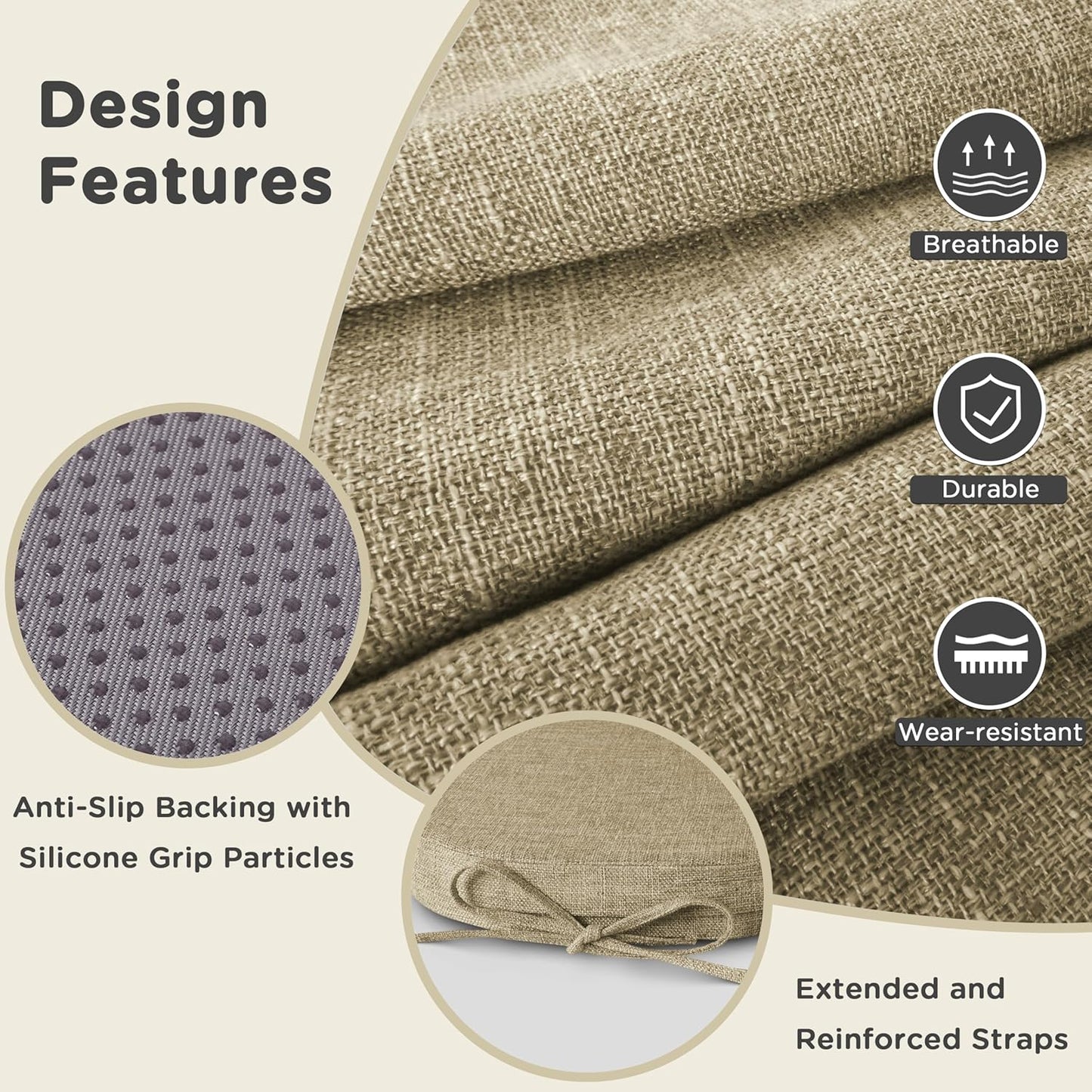 AddGrace Set of 6 Chair Cushions for Metal Dining Chairs 14x14 Chair Pads with Ties Non Slip Thick Seat Cushions with Textured and Removable Cover Beige