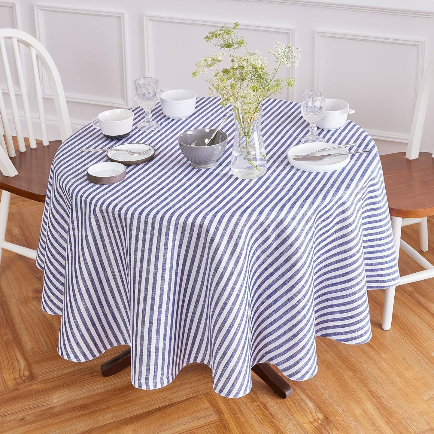 Solino Home Linen Round Tablecloth 70 Inch - Amalfi Stripe, 100% Pure Linen Violet and White Round Tablecloth - Machine Washable Table Cloth for Summer