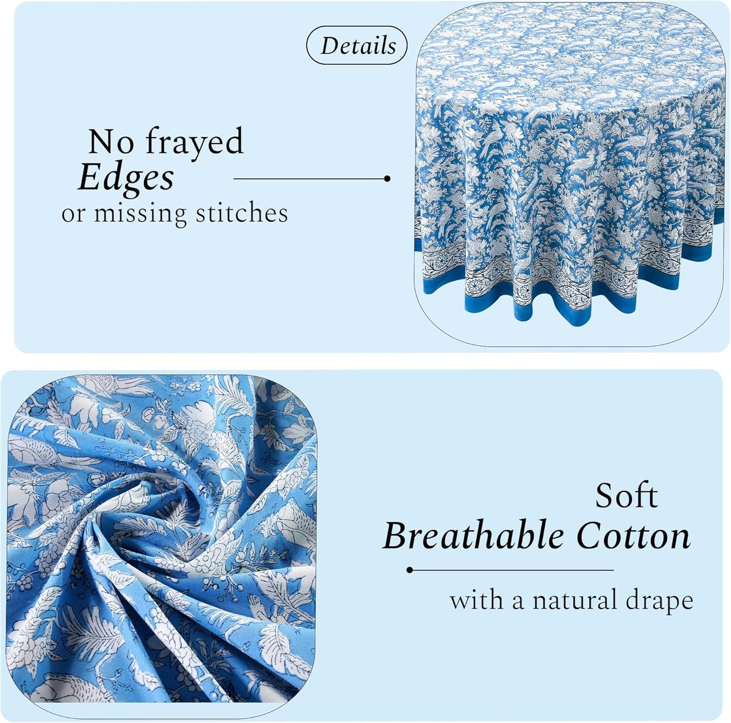 CPC Round Tablecloth- Cotton Indian Block Print Tablecloth -Handmade Printed Washable Cotton Table Cloth - Spring/Summer, Weding Table Cover - Blue Sapphire 110 Inch