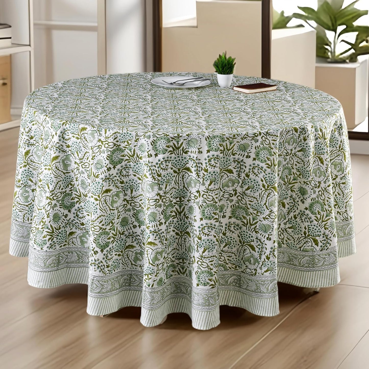 CPC Round Tablecloth- Cotton Indian Block Print Tablecloth -Handmade Printed Washable Cotton Table Cloth - Spring/Summer, Weding Table Cover - Blue Sapphire 110 Inch