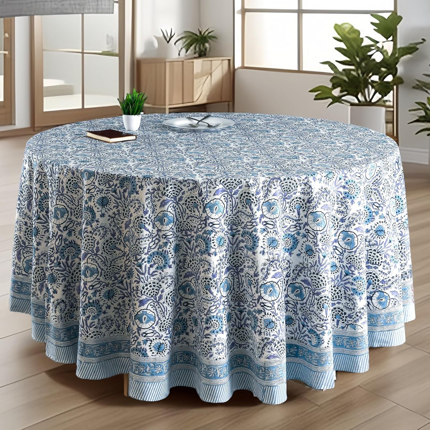 CPC Round Tablecloth- Cotton Indian Block Print Tablecloth -Handmade Printed Washable Cotton Table Cloth - Spring/Summer, Weding Table Cover - Blue Sapphire 110 Inch