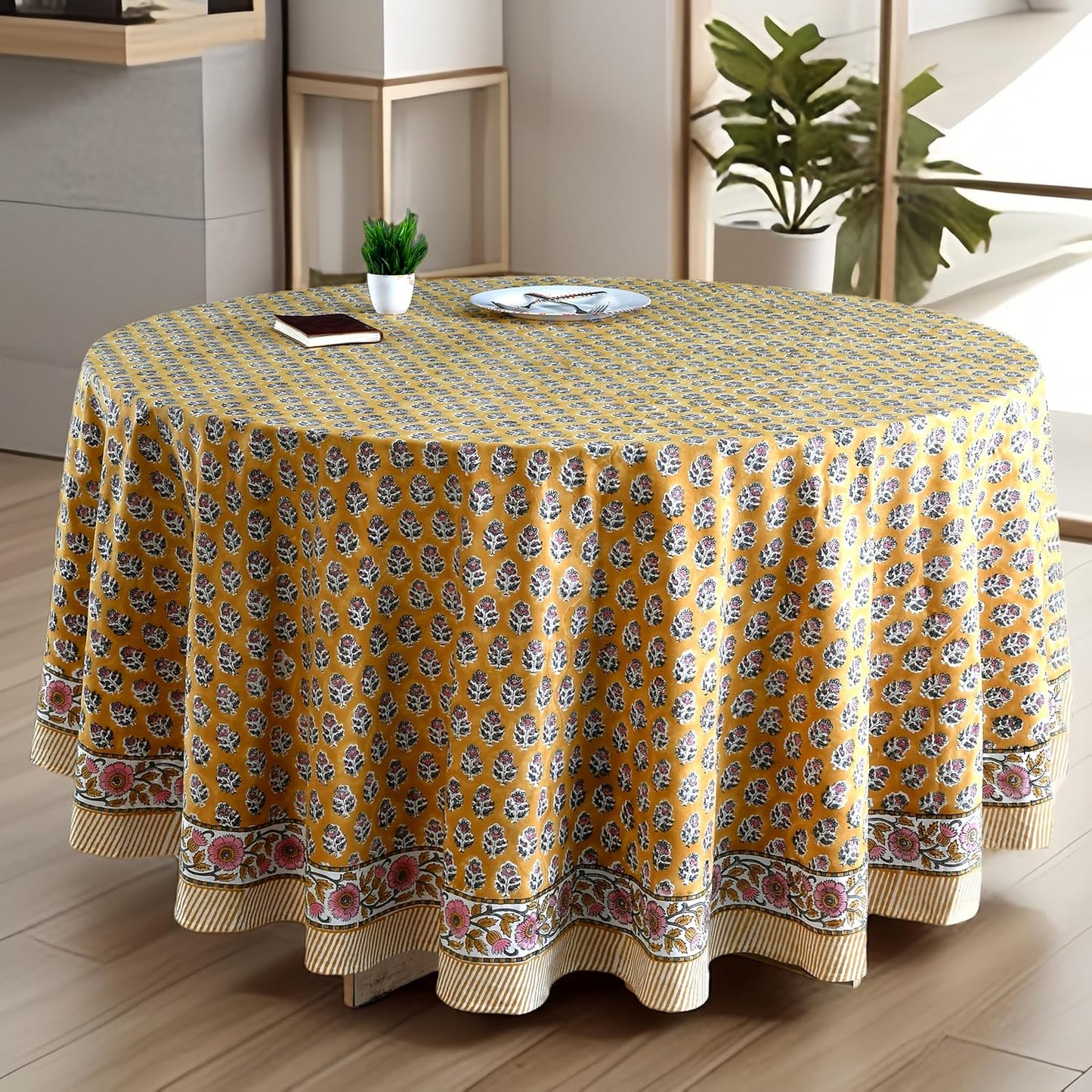 CPC Round Tablecloth- Cotton Indian Block Print Tablecloth -Handmade Printed Washable Cotton Table Cloth - Spring/Summer, Weding Table Cover - Blue Sapphire 110 Inch