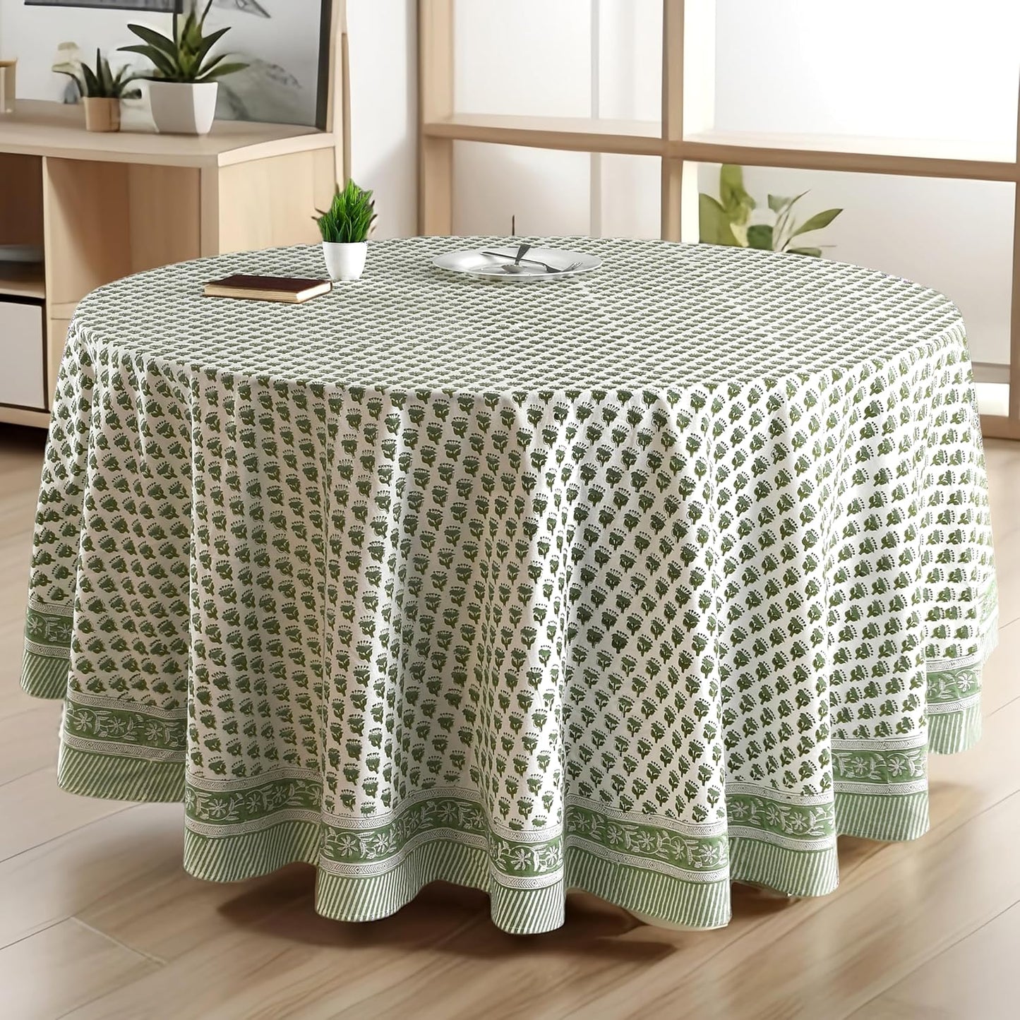 CPC Round Tablecloth- Cotton Indian Block Print Tablecloth -Handmade Printed Washable Cotton Table Cloth - Spring/Summer, Weding Table Cover - Blue Sapphire 110 Inch
