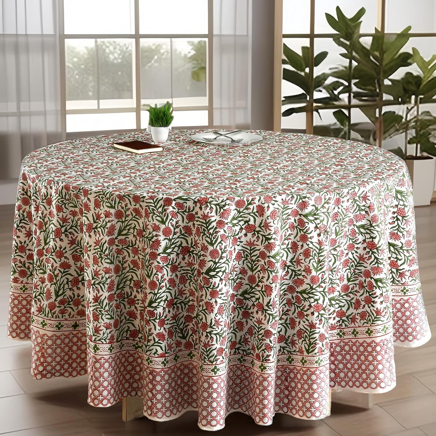 CPC Round Tablecloth- Cotton Indian Block Print Tablecloth -Handmade Printed Washable Cotton Table Cloth - Spring/Summer, Weding Table Cover - Blue Sapphire 110 Inch