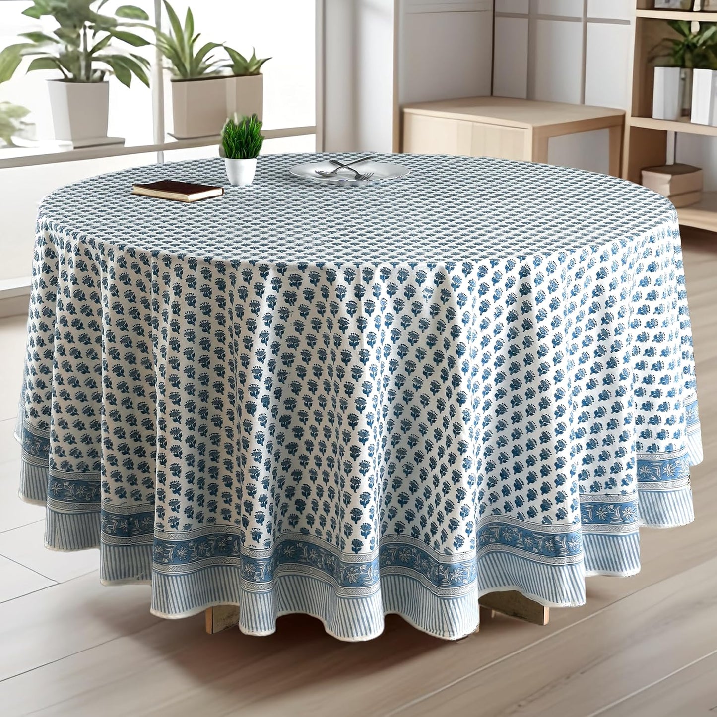 CPC Round Tablecloth- Cotton Indian Block Print Tablecloth -Handmade Printed Washable Cotton Table Cloth - Spring/Summer, Weding Table Cover - Blue Sapphire 110 Inch