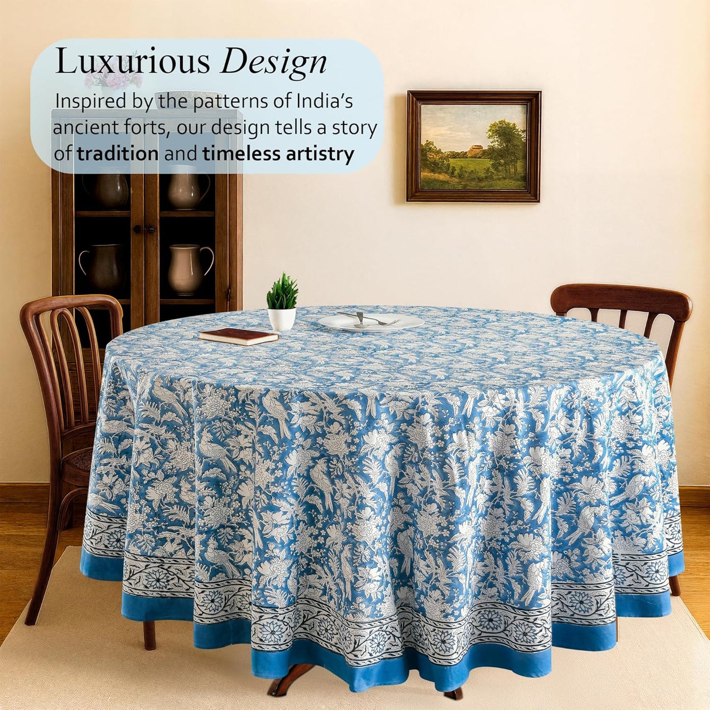 CPC Round Tablecloth- Cotton Indian Block Print Tablecloth -Handmade Printed Washable Cotton Table Cloth - Spring/Summer, Weding Table Cover - Blue Sapphire 110 Inch