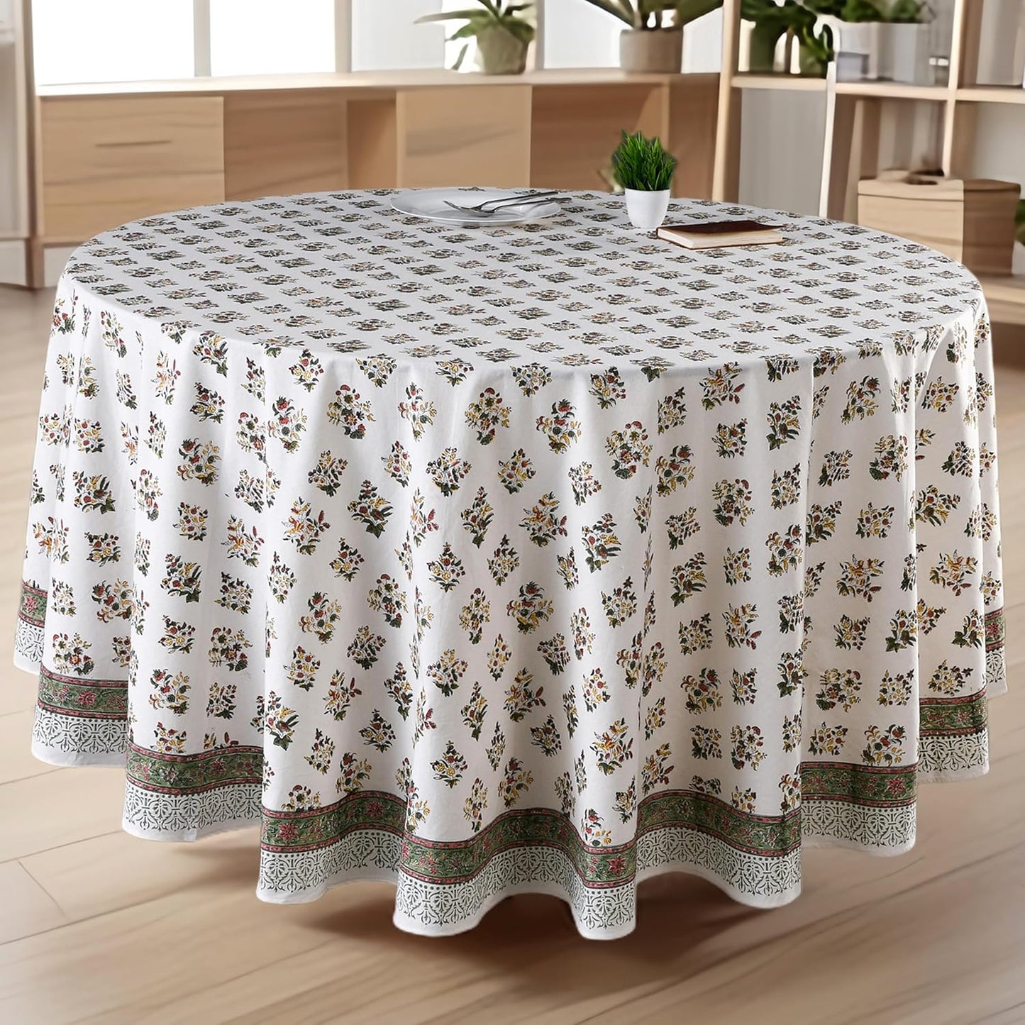 CPC Round Tablecloth- Cotton Indian Block Print Tablecloth -Handmade Printed Washable Cotton Table Cloth - Spring/Summer, Weding Table Cover - Blue Sapphire 110 Inch