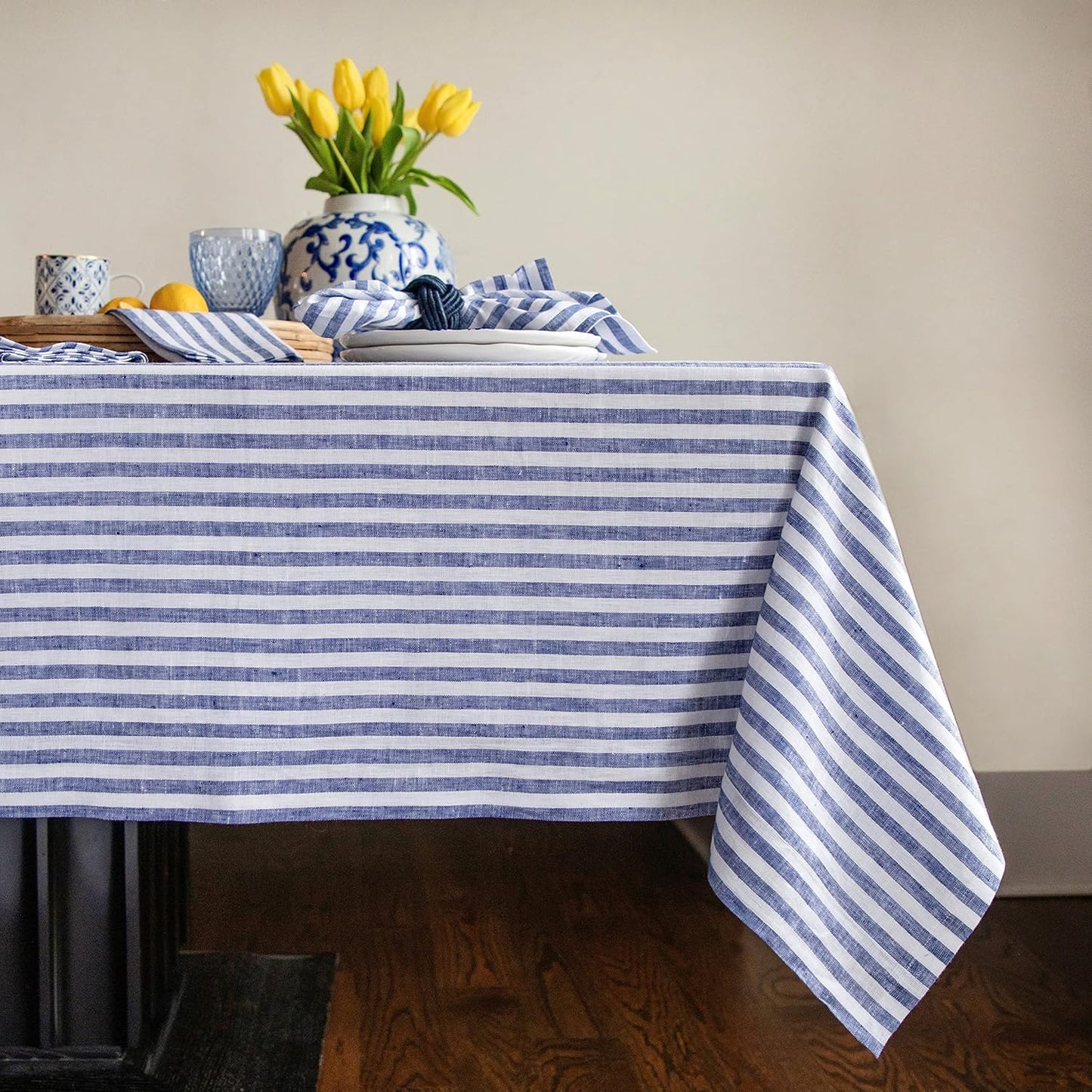 Solino Home Linen Round Tablecloth 70 Inch - Amalfi Stripe, 100% Pure Linen Violet and White Round Tablecloth - Machine Washable Table Cloth for Summer