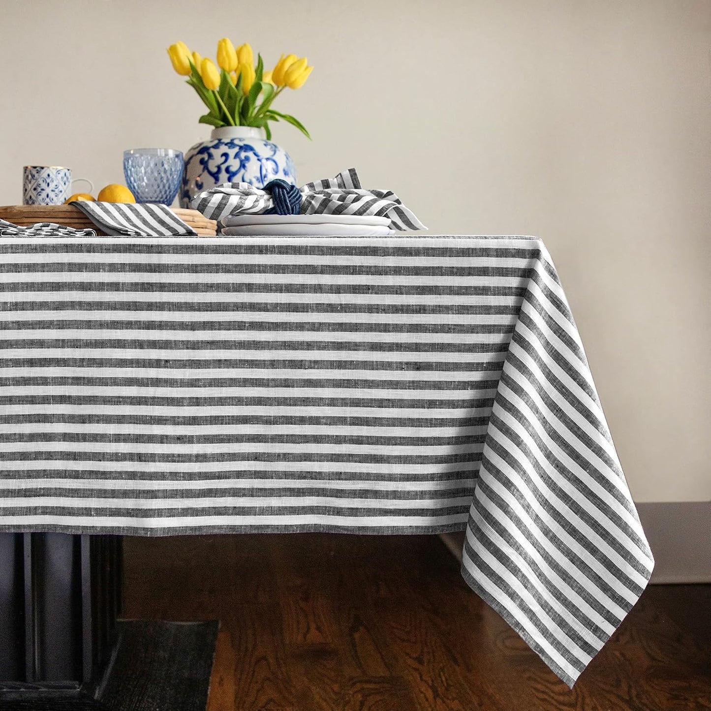 Solino Home Linen Round Tablecloth 70 Inch - Amalfi Stripe, 100% Pure Linen Violet and White Round Tablecloth - Machine Washable Table Cloth for Summer
