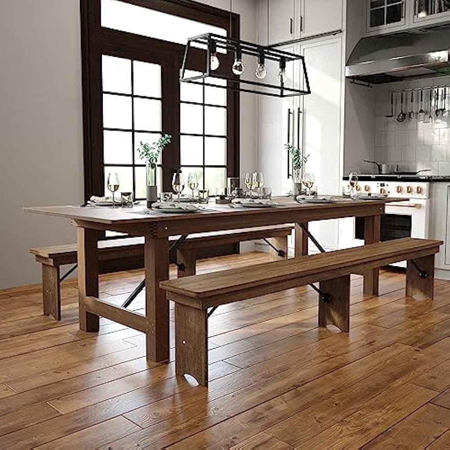 Flash Furniture Hercules Series 9' x 40" Rustic Solid Pine Folding Dining Table, Rectangular Antique Farmhouse Dining and Event Extension Table