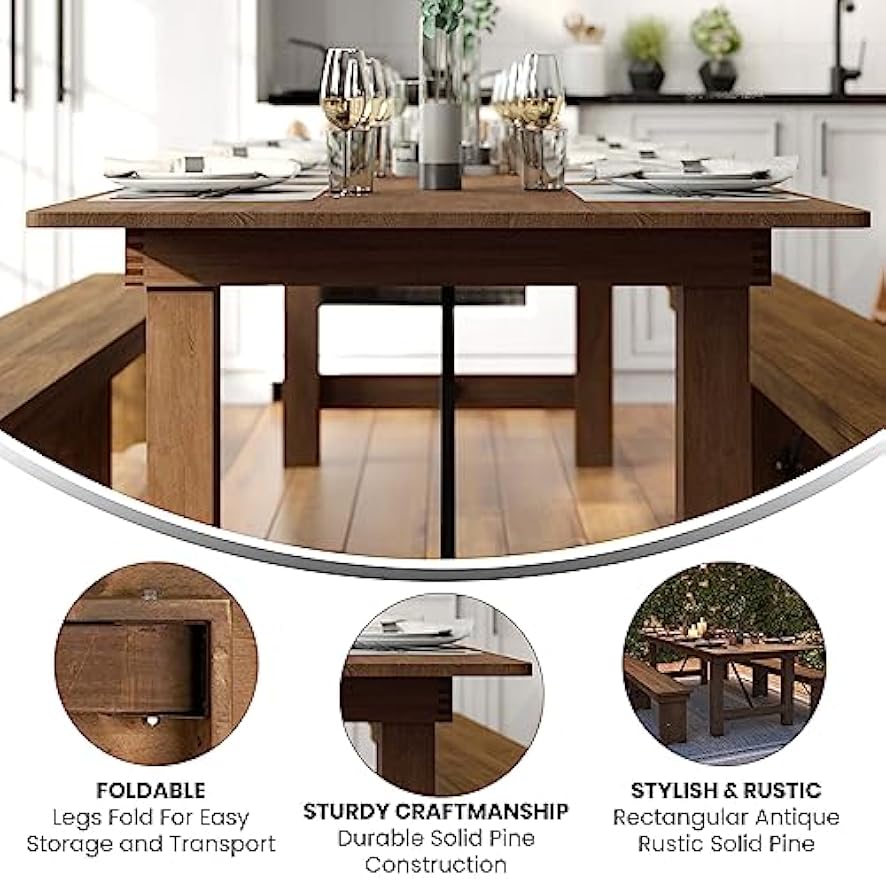 Flash Furniture Hercules Series 9' x 40" Rustic Solid Pine Folding Dining Table, Rectangular Antique Farmhouse Dining and Event Extension Table