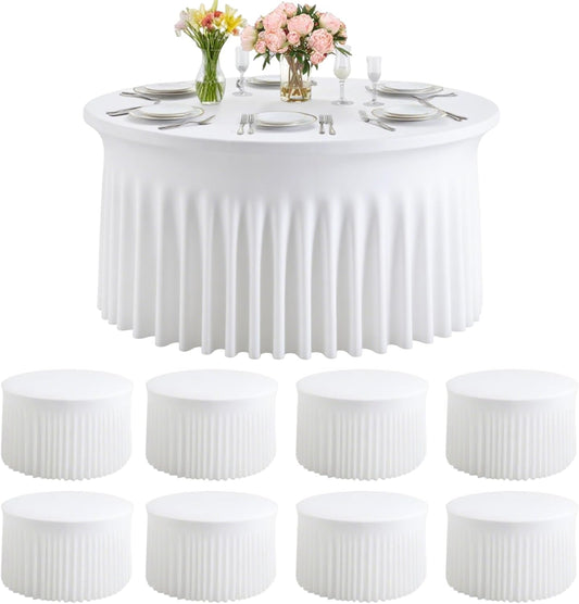 8 Pack White Round Spandex Tablecloths for 60 inch Table, 120 Inch Spandex Fitted Tablecloths, Wrinkle Free Washable Polyester Tablecloth for Wedding, Party, Birthday, Home Decoration