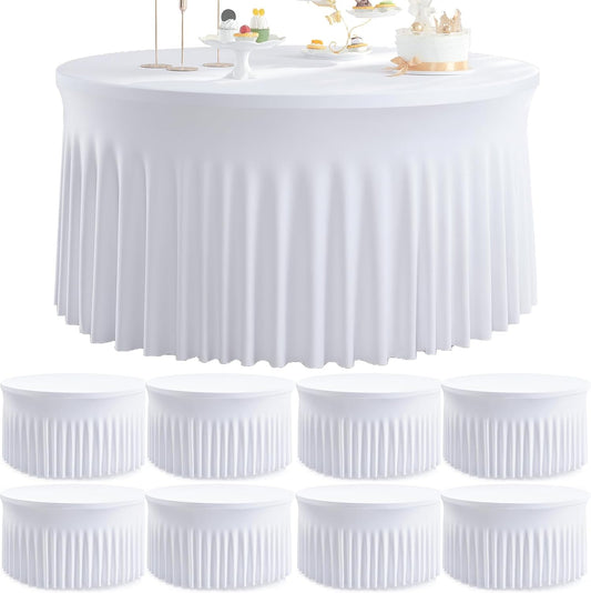 8 Pack White Round Spandex Tablecloth for 60 inch Table, Wrinkle Free Stretchy 120inch Fitted 5FT Round Table Cloths Cover with Skirt for Wedding Birthday Party Dining Banquet Events