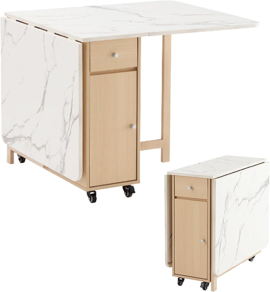 Drop Leaf Table Extendable, Foldable Kitchen Table Space Saving, Folding Dining Table with 2 Drawers and 4 Wheels, Dining Table for Living Room, Farmhouse， RV(Marble Wood)
