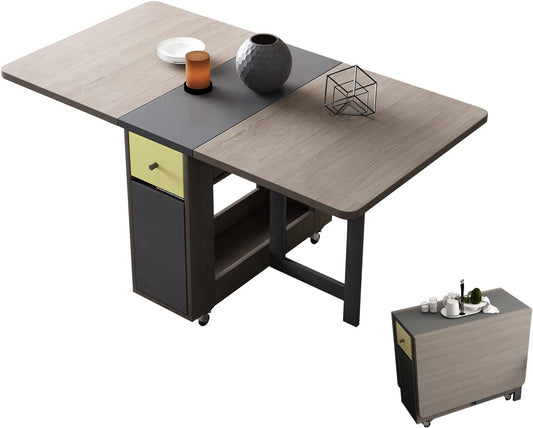 FUNROLUX Folding Dining Table with Storage Rack and 2 Drawers, Movable Kitchen Table Extendable Versatile Table Space Saving Foldable in 3 Forms (Grey)