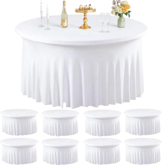 8 Pack White Round Spandex Tablecloth for 60inch Tables, 120 Inch Stretchy Fitted 5FT Round Table Clothes Wrinkle Free Washable Table Covers Skirt for Wedding Birthday Party Dining Banquet