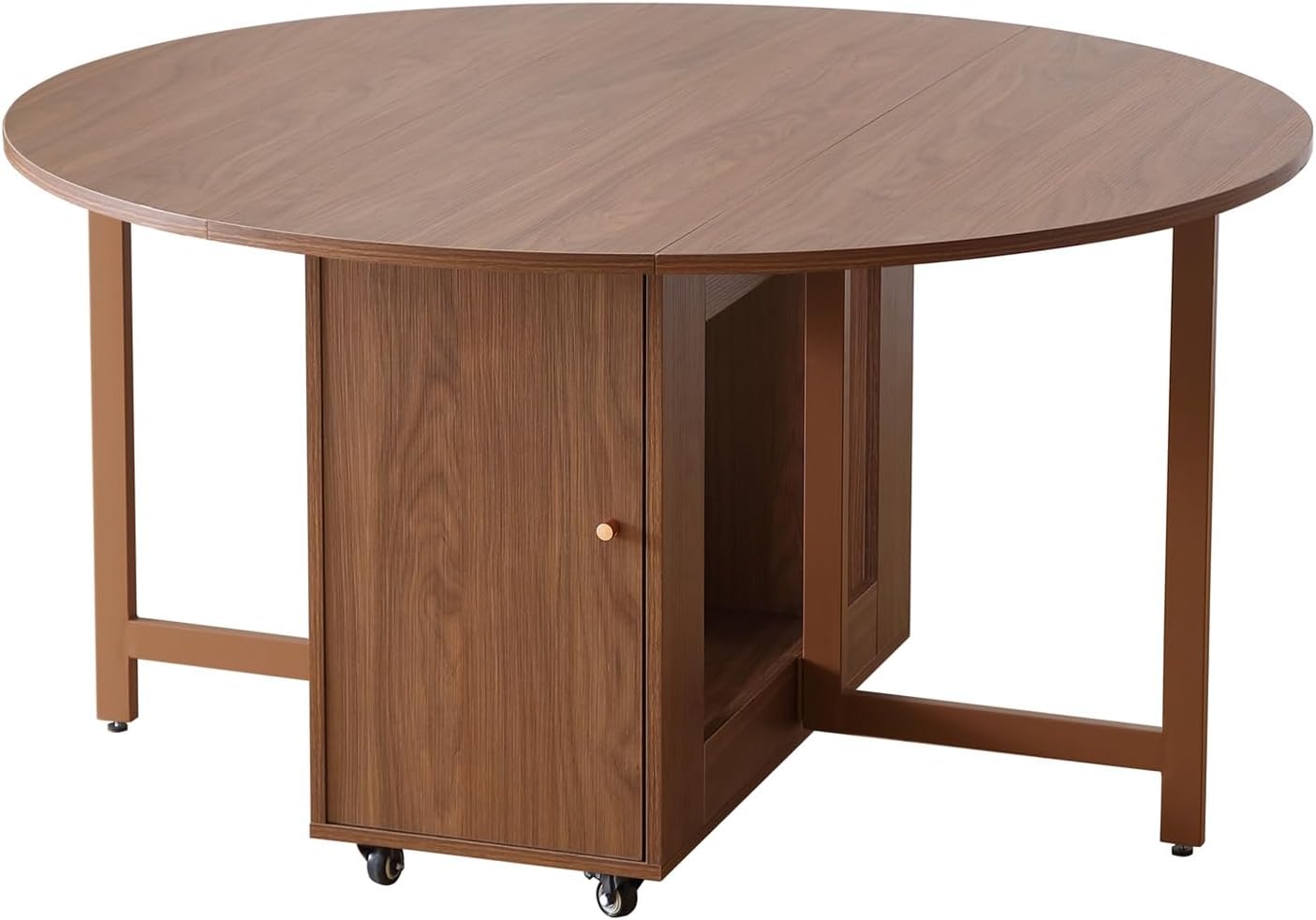 47.3" Round Folding Dining Table for 4-8, Wood Kitchen Foldable Dining Table Large Drop Leaf Dinner Table with Storage Shelf Metal Legs for Home Dining Room Living Room in Wood Color