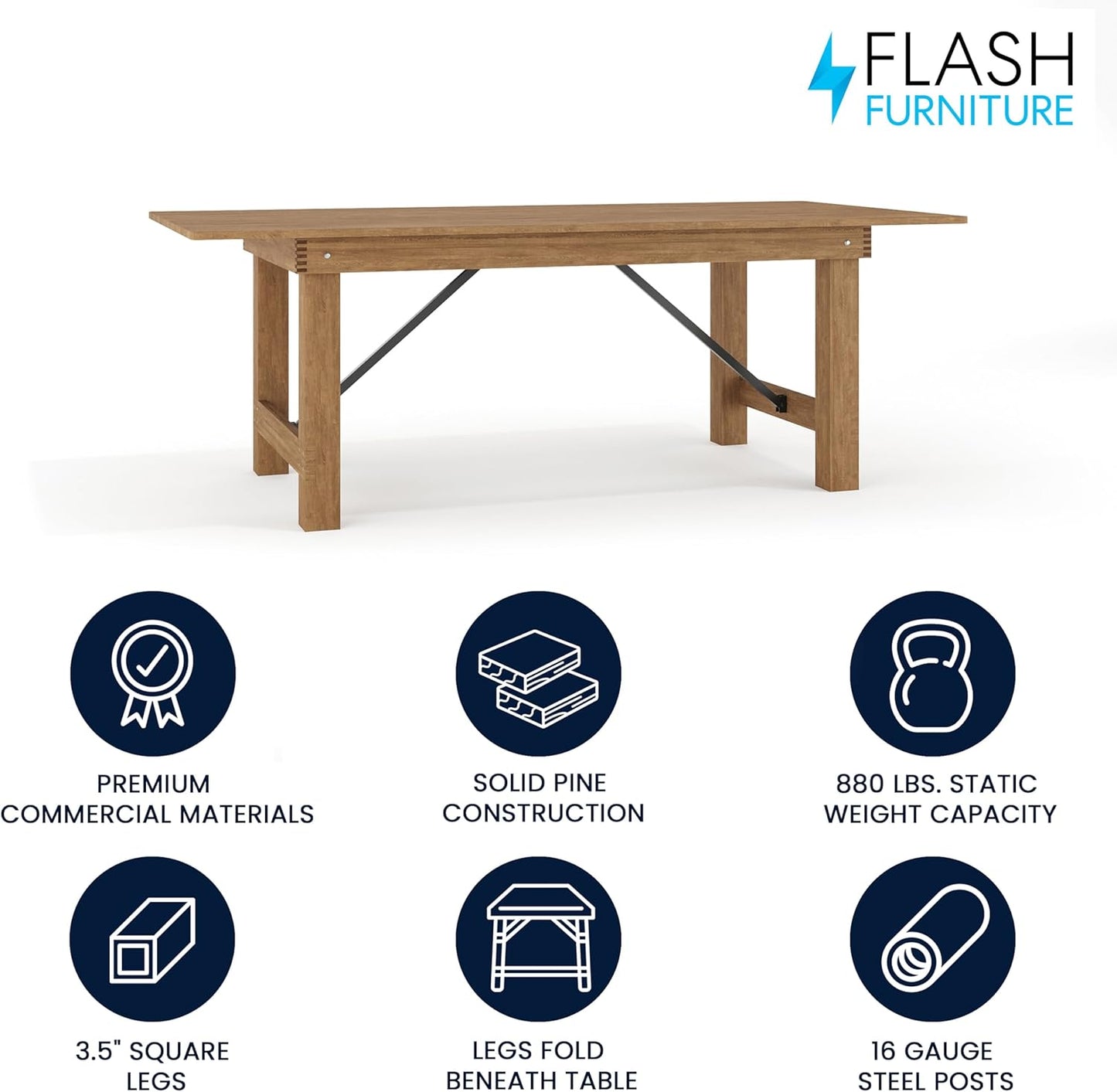 Flash Furniture Hercules Series 7' x 40" Rustic Solid Pine Folding Dining Table, Rectangular Antique Farmhouse Dining and Event Extension Table
