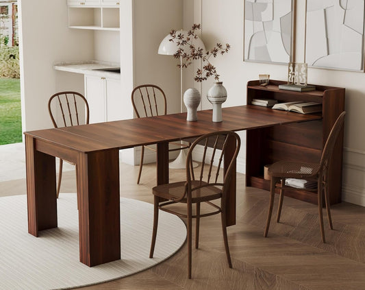 KEIKI 30”-88.4”L Extendable Foldable Dining Room Table with Storage for 1-10 People, Wood Modern Rustic Rectangle Expandable Kitchen Living Meeting Room Furniture, 5 Tabletop Length Options, Walnut