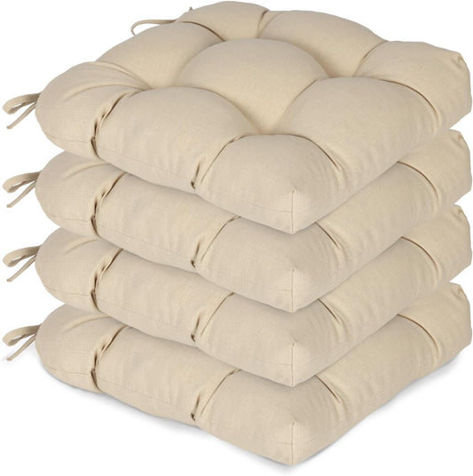 Aoodor 19" x 19" x 5" Tufted Outdoor Chair Cushions, Water Resistant & Fade Resistant Polyester Dining Chair Pads with 2 Straps for Patio Furniture, Set of 4