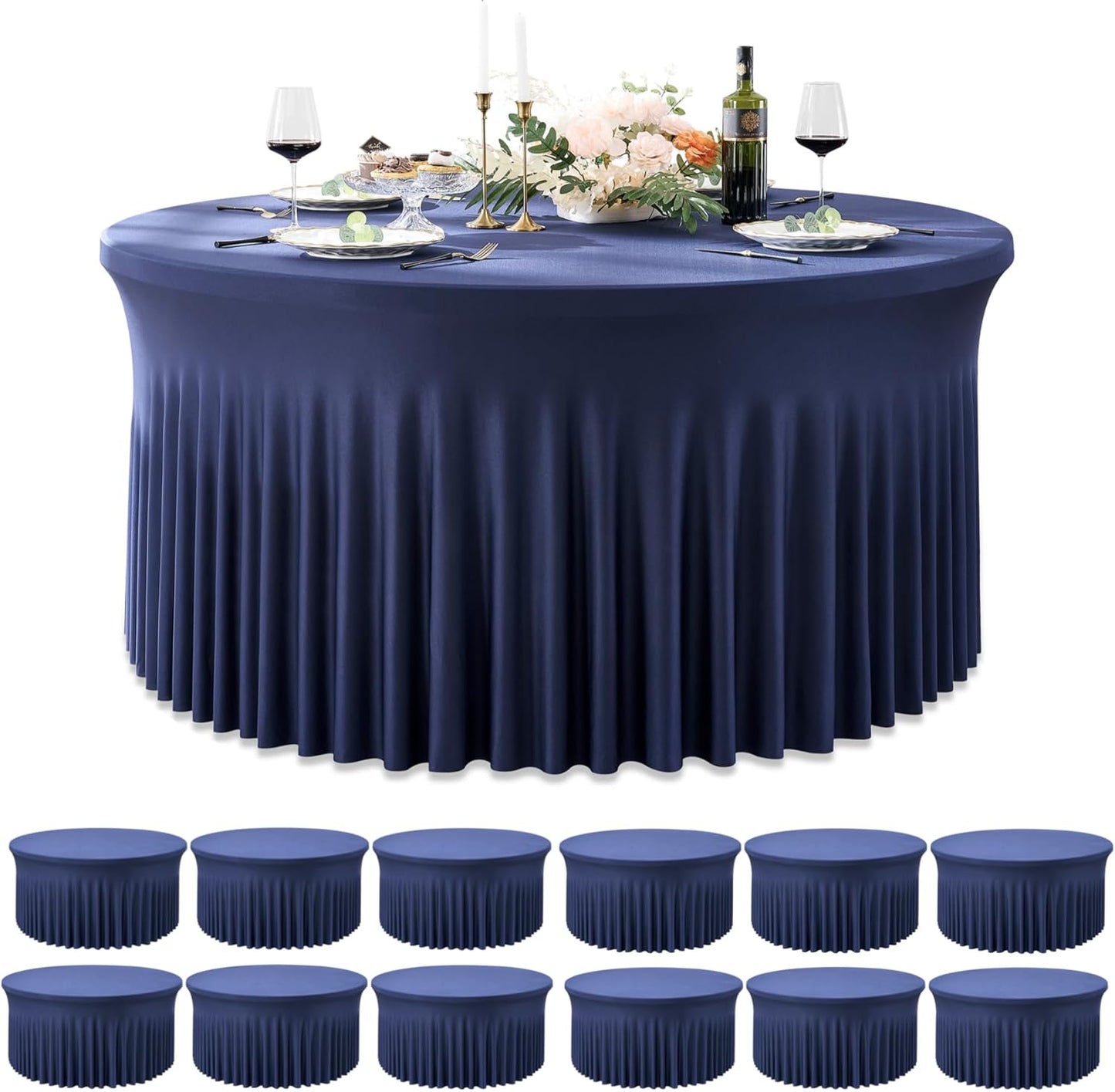Outpain 6 Pack Black Round Spandex Tablecloth for 60 Inch/5FT Tables - Stretchy Table Cloth with Skirt, Wrinkle-Free Fitted Cloth for Wedding Vendor, Banquet & Graduation Decor (120" Round)