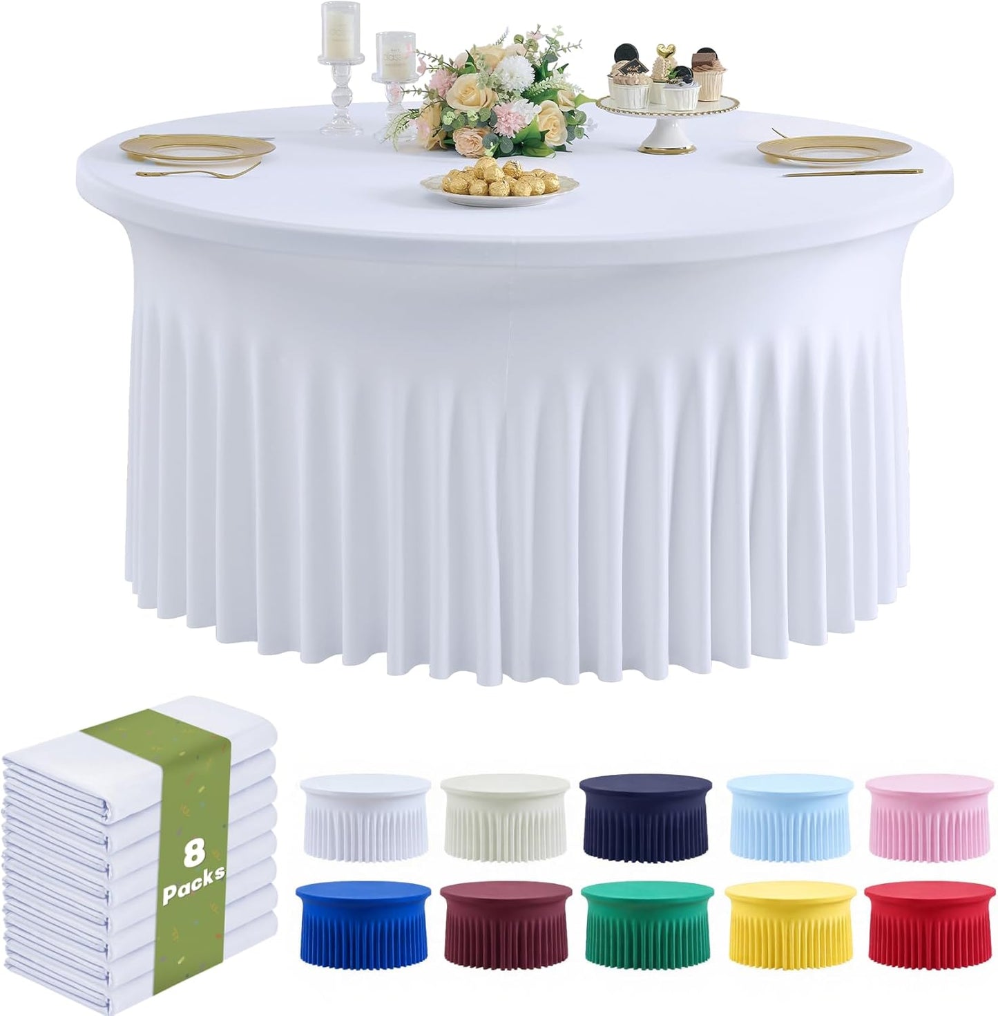 Outpain 6 Pack Black Round Spandex Tablecloth for 60 Inch/5FT Tables - Stretchy Table Cloth with Skirt, Wrinkle-Free Fitted Cloth for Wedding Vendor, Banquet & Graduation Decor (120" Round)