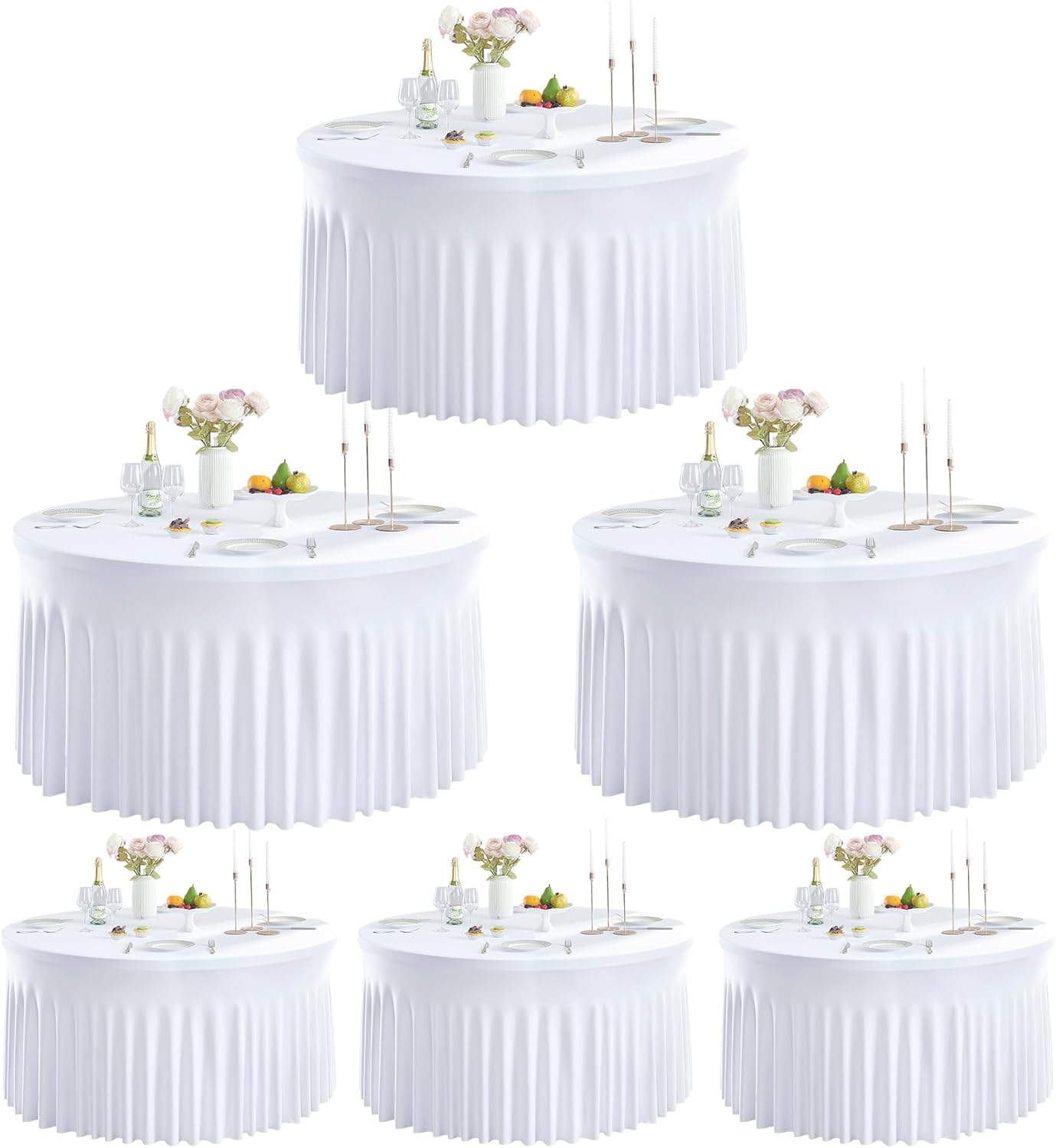 Outpain 6 Pack Black Round Spandex Tablecloth for 60 Inch/5FT Tables - Stretchy Table Cloth with Skirt, Wrinkle-Free Fitted Cloth for Wedding Vendor, Banquet & Graduation Decor (120" Round)
