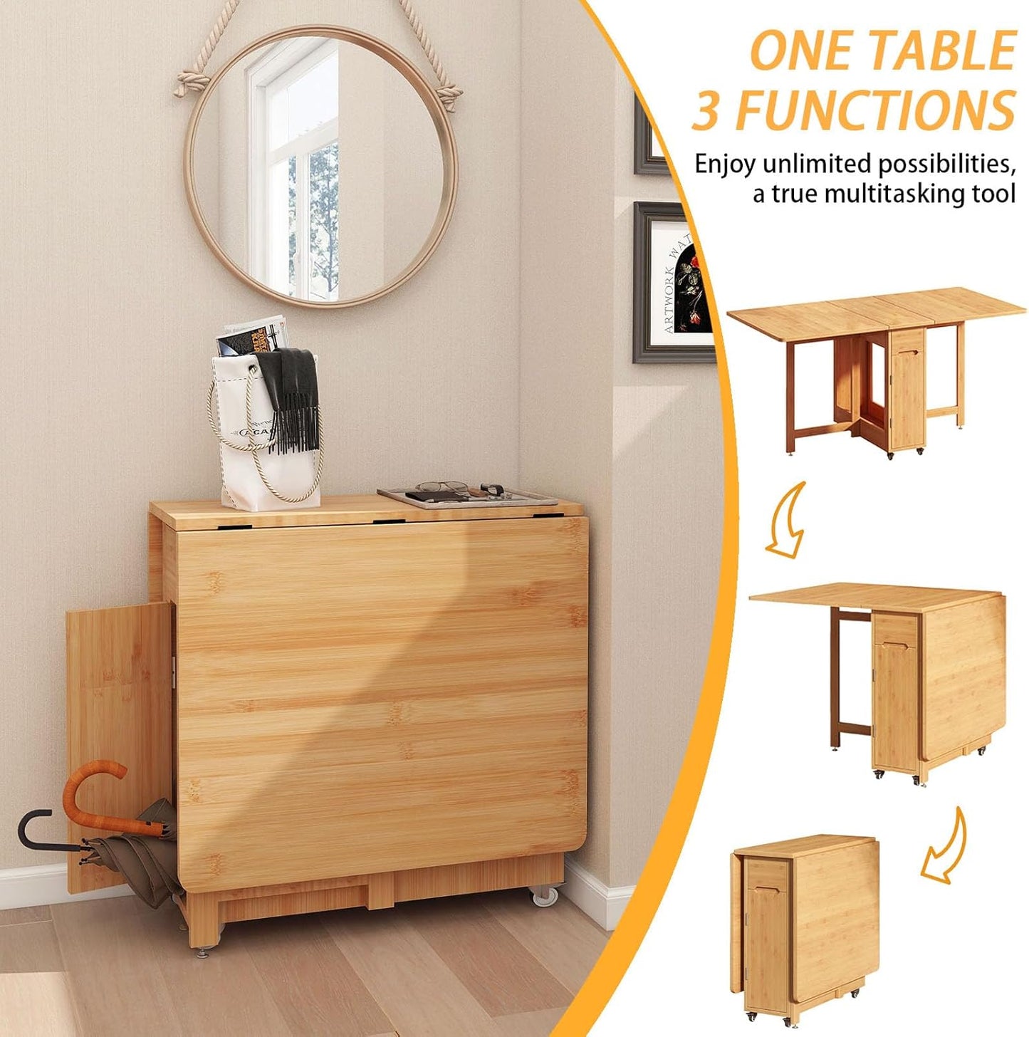 Folding Dining Table Set for 4,Drop Leaf Tables with Foldable Chairs Bamboo Collapsible Dinette Table for Saving Small Spaces Kitchen Dining Room,No Assembly Required(Wood)
